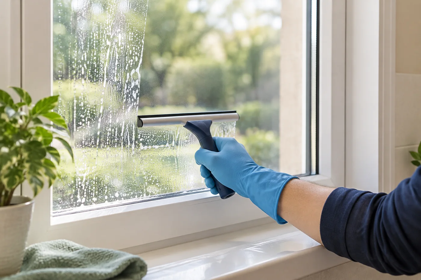 Blue-gloved hand holding a squeegee against a wet interior window pane