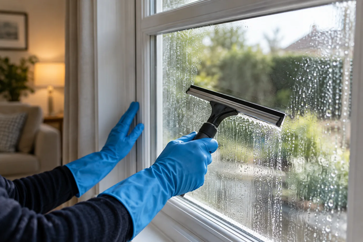 Blue gloved hands using a squeegee on an interior window pane