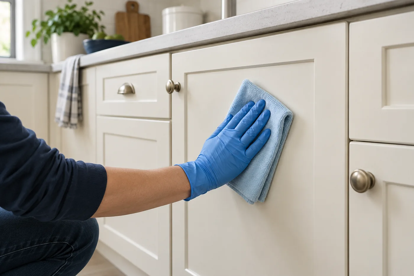 Blue-gloved hand wiping a closed cream kitchen base-cabinet door with a pale blue cloth