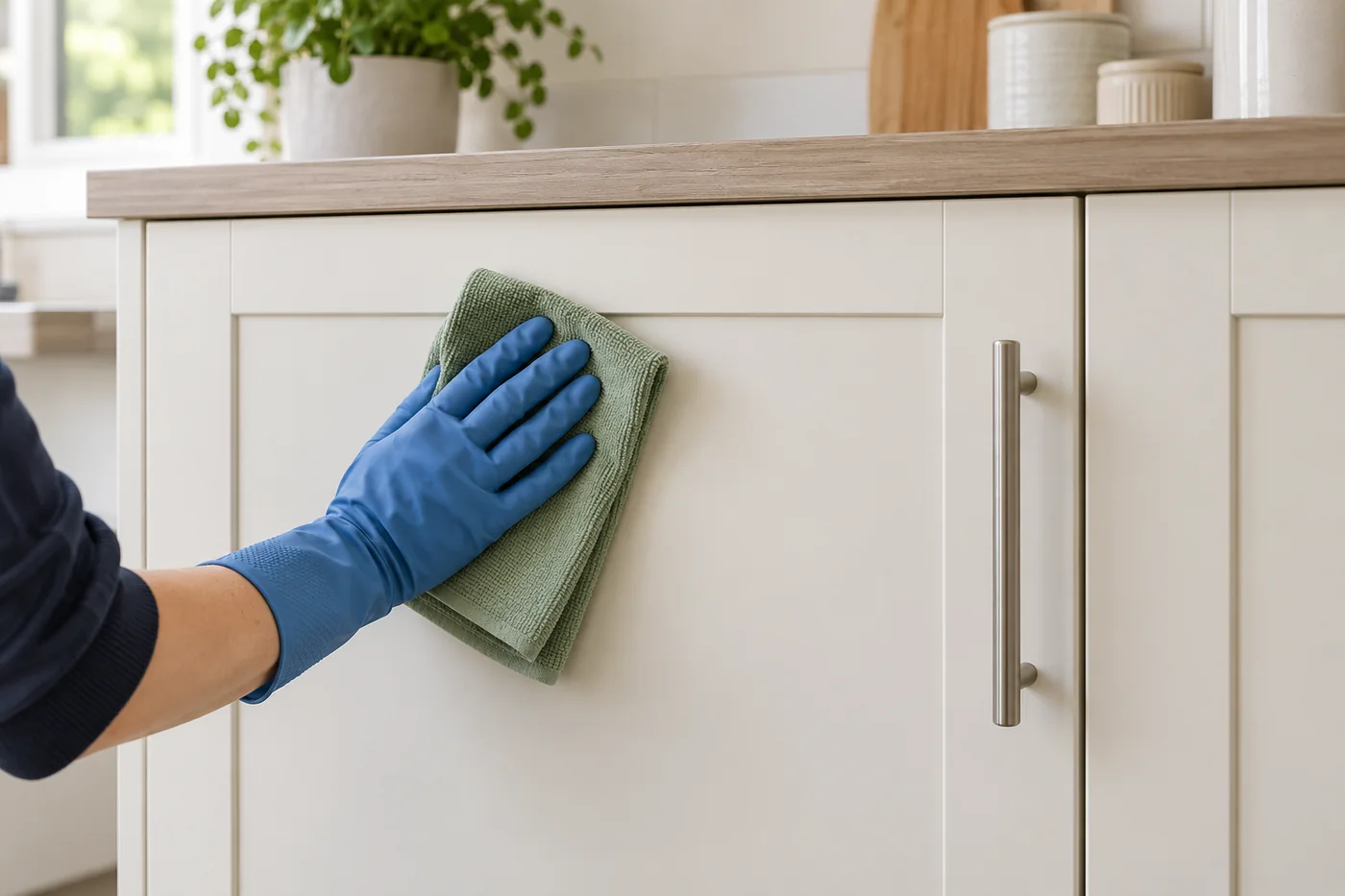 Blue-gloved hand wiping a closed cream kitchen base-cupboard door with a sage cloth