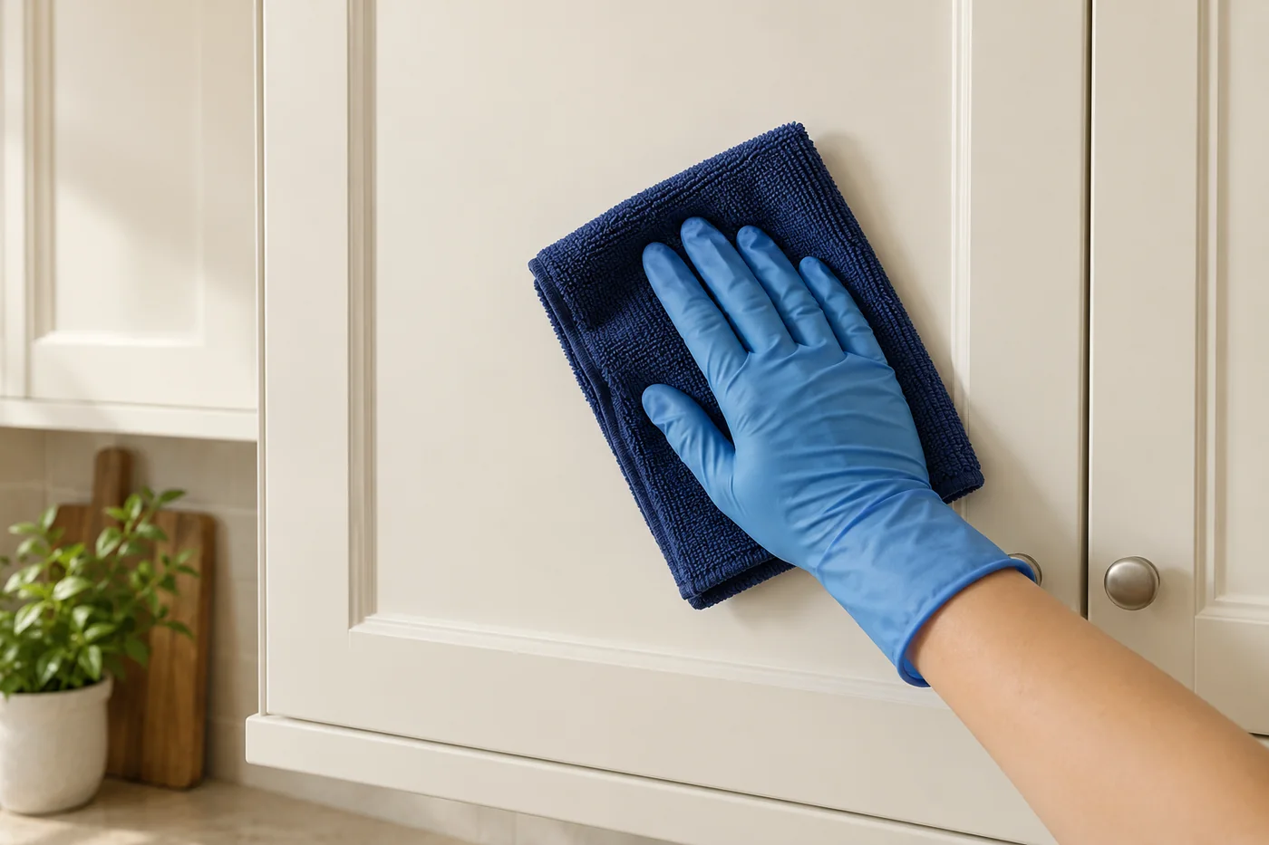 Blue-gloved hand wiping a closed cream kitchen cupboard door with a navy cloth