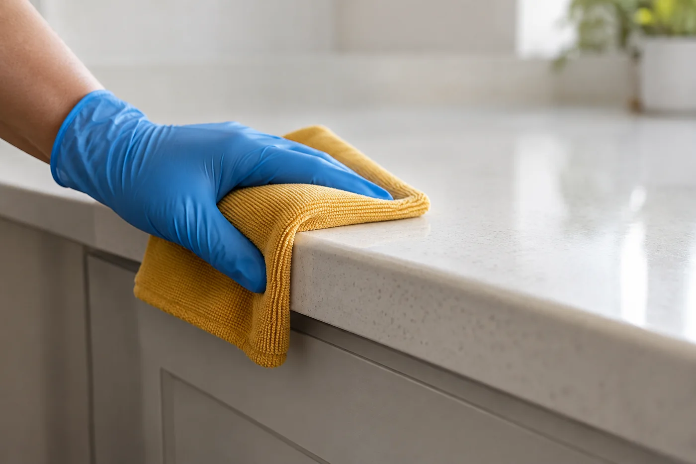 Blue-gloved hand holding an ochre cloth around the front edge of a clear kitchen worktop