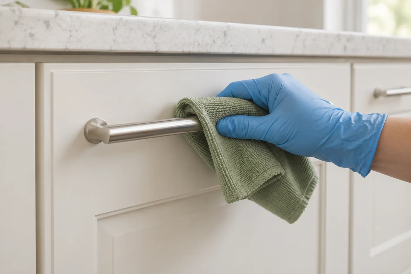 Blue-gloved hand wiping a metal kitchen cupboard handle with a green cloth