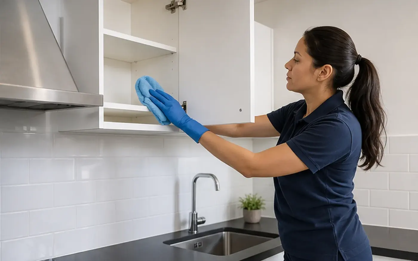 Cleaner wiping the inside of an open kitchen cupboard