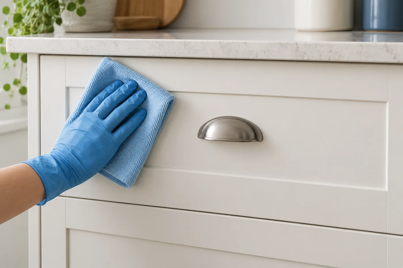 Blue-gloved hand wiping a closed cream kitchen drawer front with a pale blue cloth