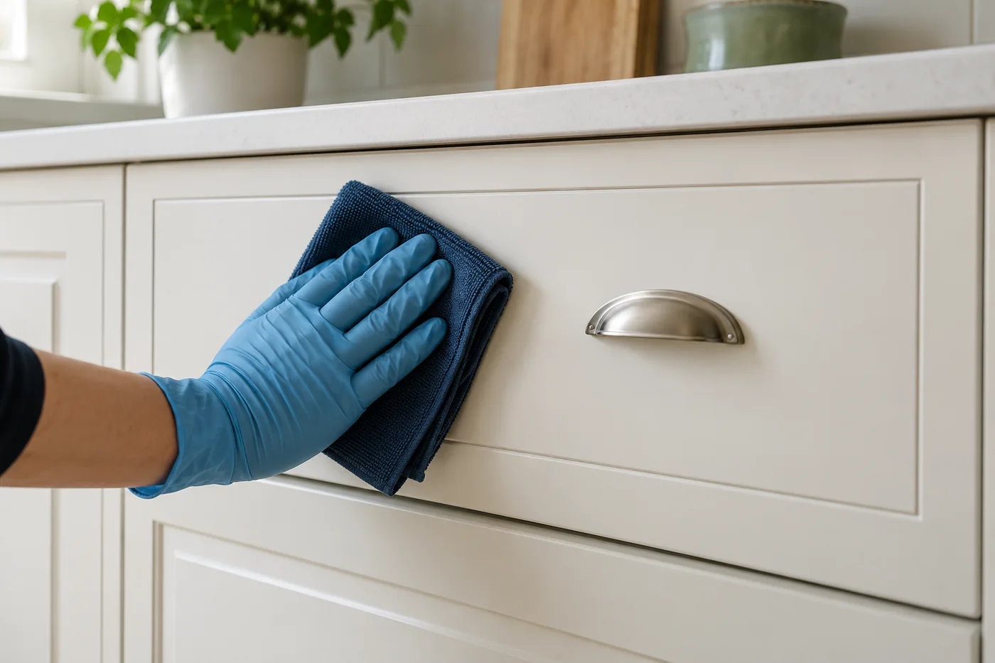Blue-gloved hand wiping a cream kitchen drawer front with a navy cloth