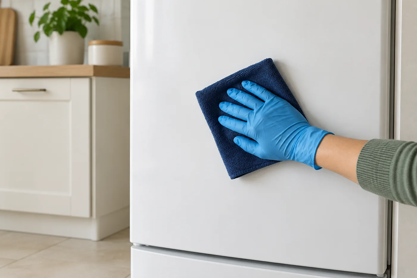 Blue-gloved hand wiping a closed white fridge door with a navy cloth
