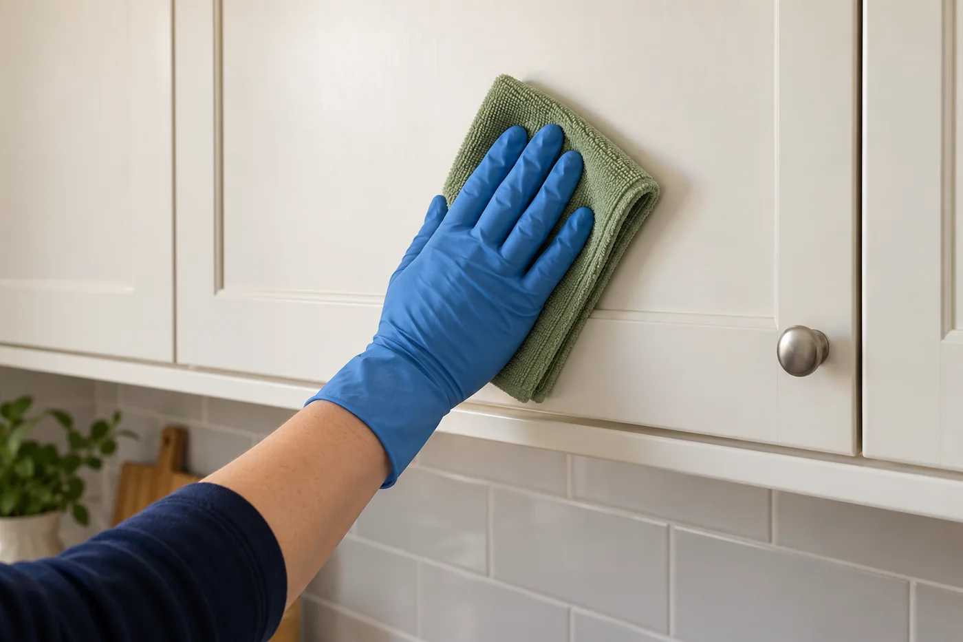 Blue-gloved hand wiping a closed cream kitchen cupboard door with a sage cloth