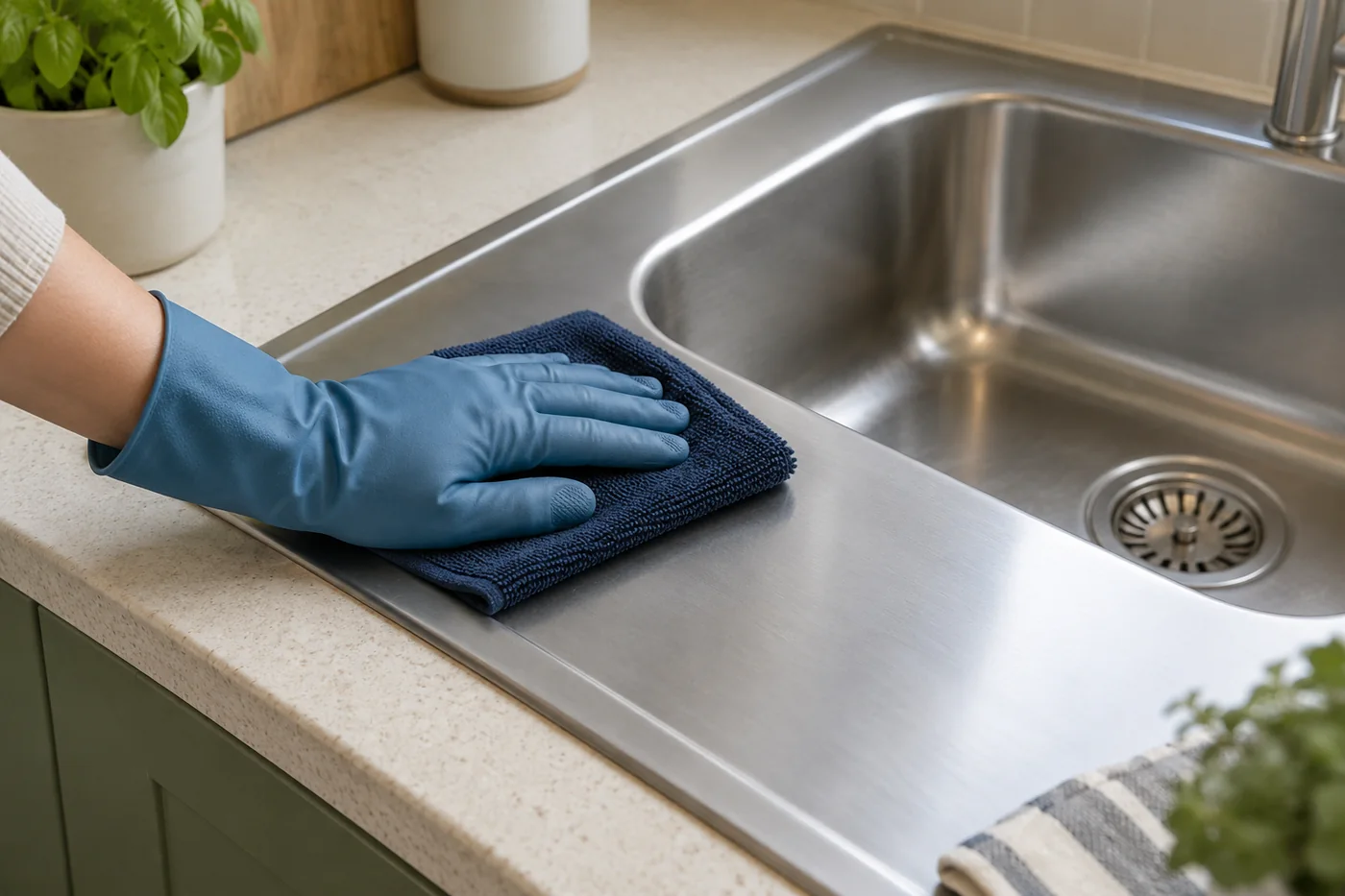 Blue-gloved hand wiping a stainless steel kitchen sink surround with a navy cloth