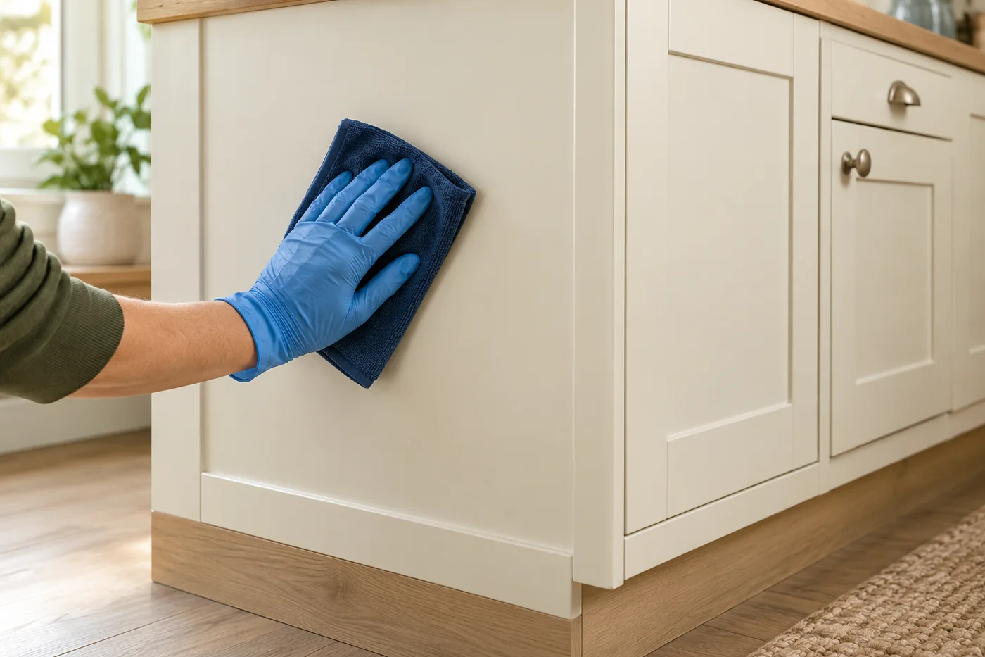 Blue-gloved hand wiping a cream cupboard side panel with a navy cloth