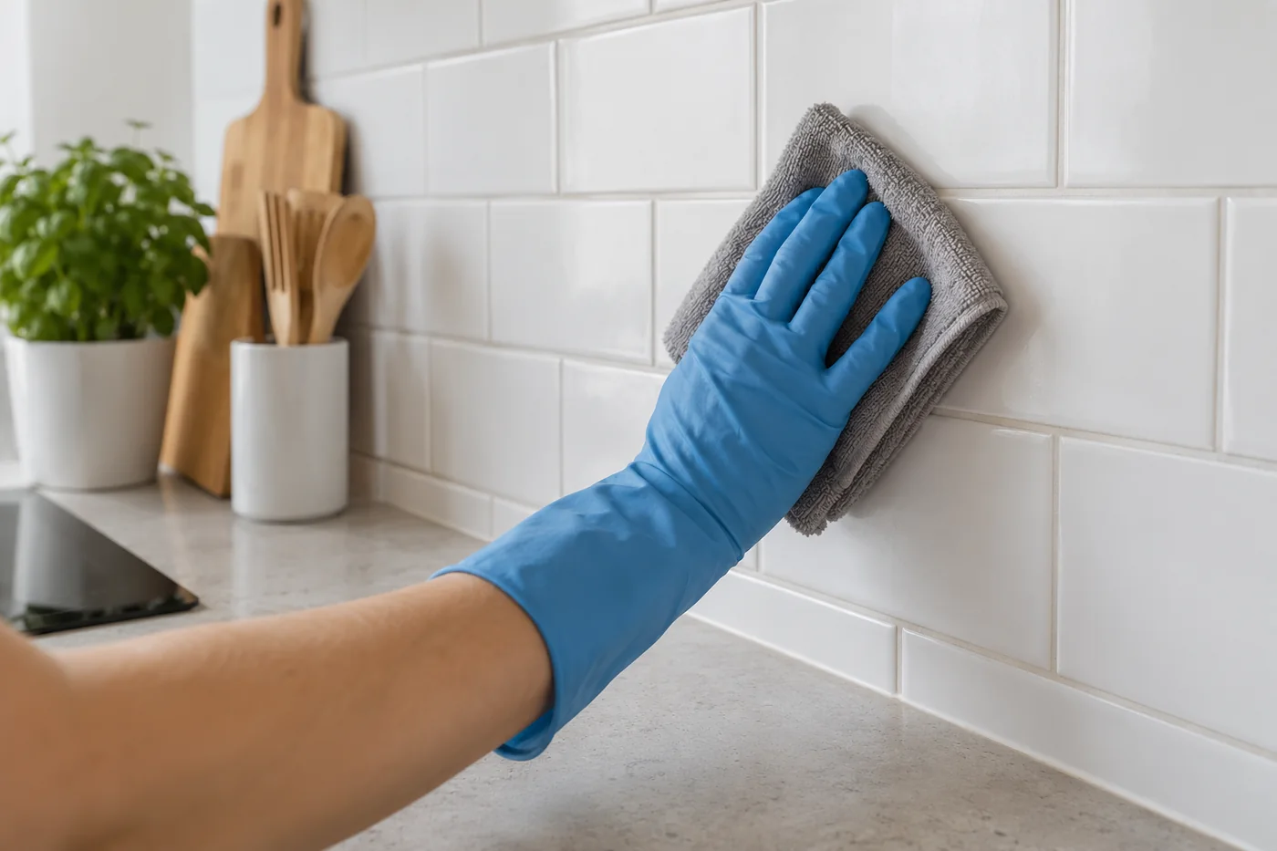 Blue-gloved hand holding a folded cloth against plain kitchen splashback tiles