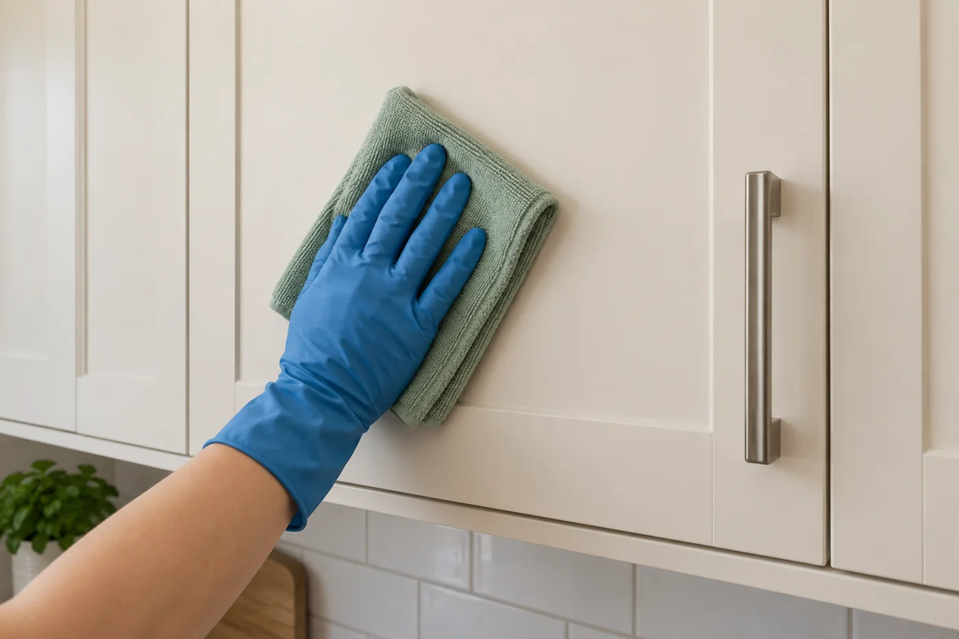 Blue-gloved hand wiping the front of a closed cream upper kitchen cupboard