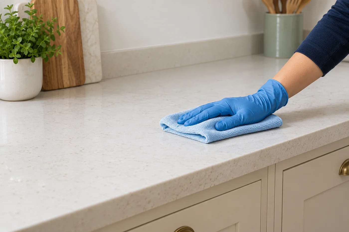 Blue-gloved hand wiping a pale kitchen worktop with a pale blue cloth