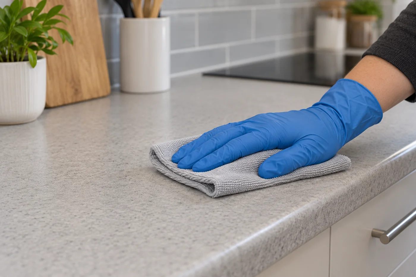 Blue-gloved hand holding a folded grey cloth on a light kitchen worktop