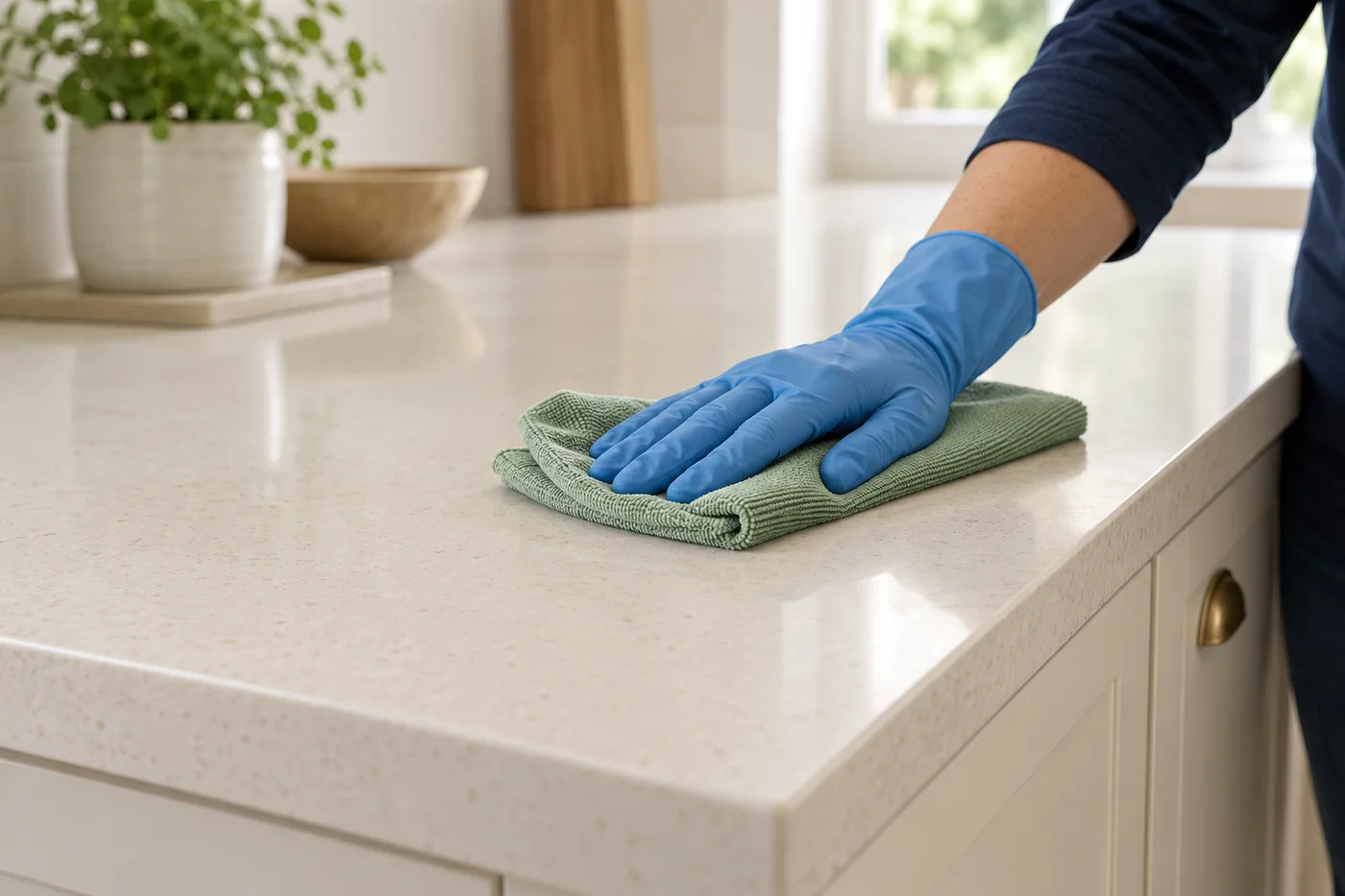 Blue-gloved hand wiping a cream kitchen worktop with a sage cloth