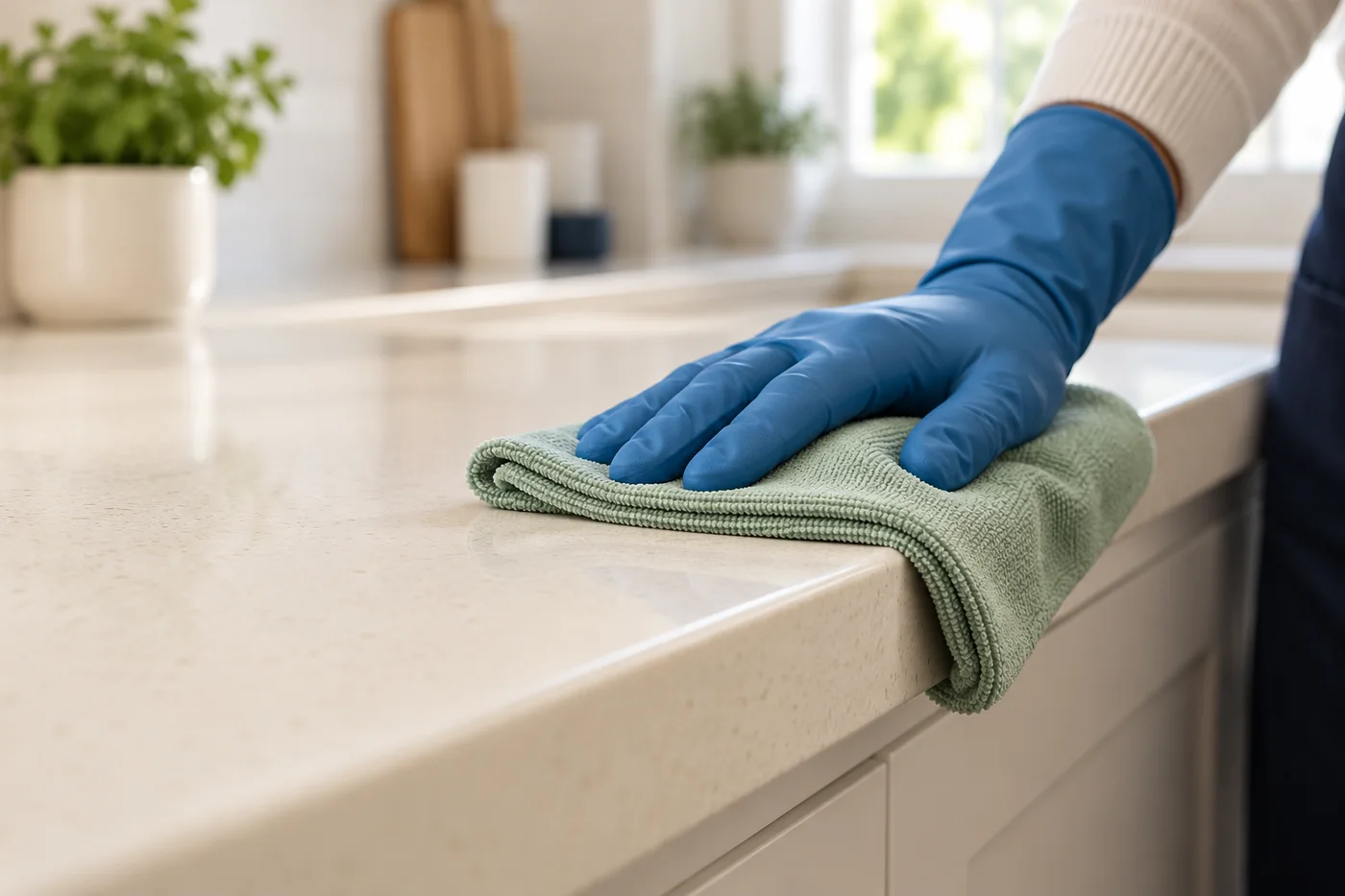 Blue-gloved hand wiping a cream kitchen worktop edge with a sage cloth