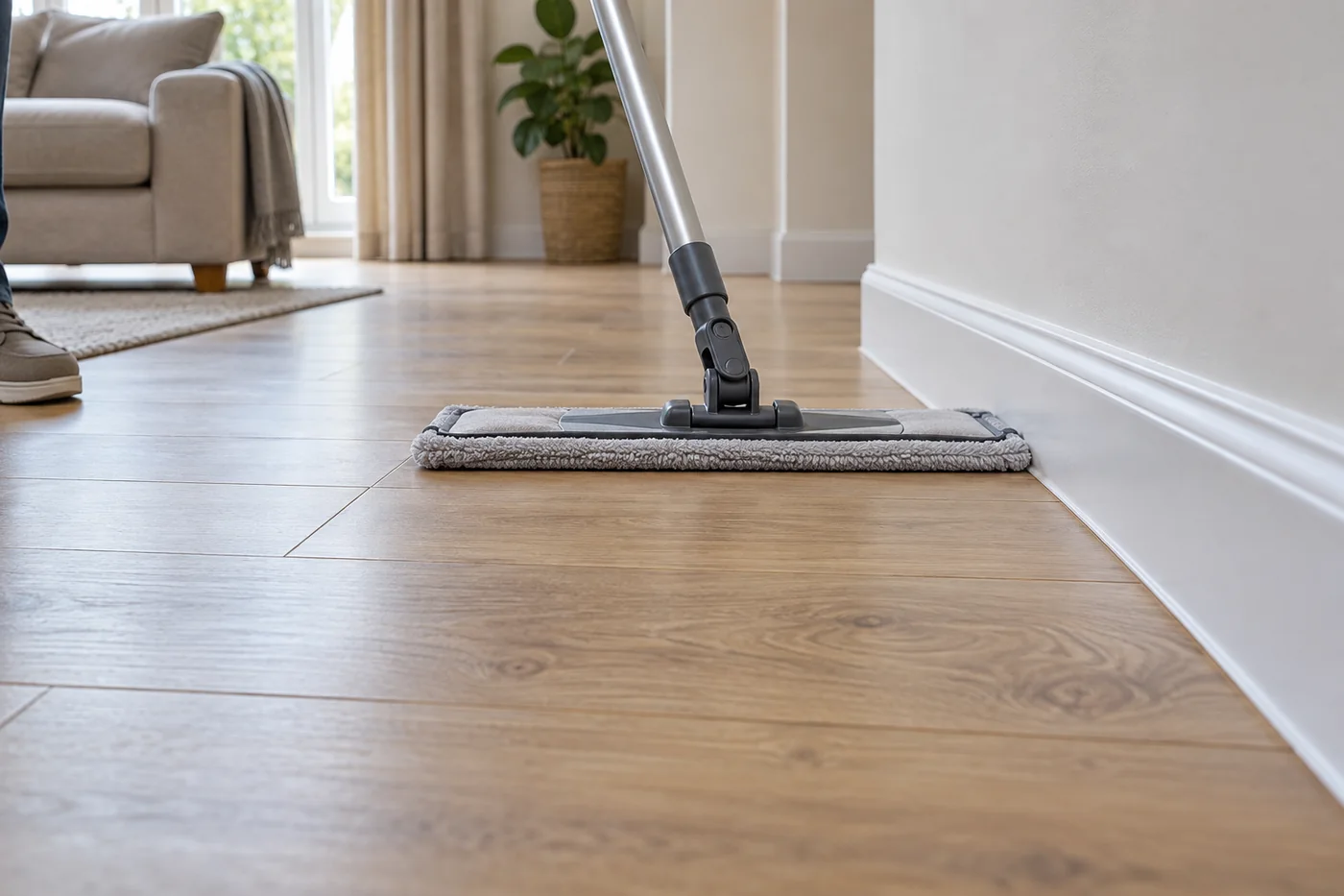 Flat microfibre mop on a dry-looking laminate floor beside a skirting board