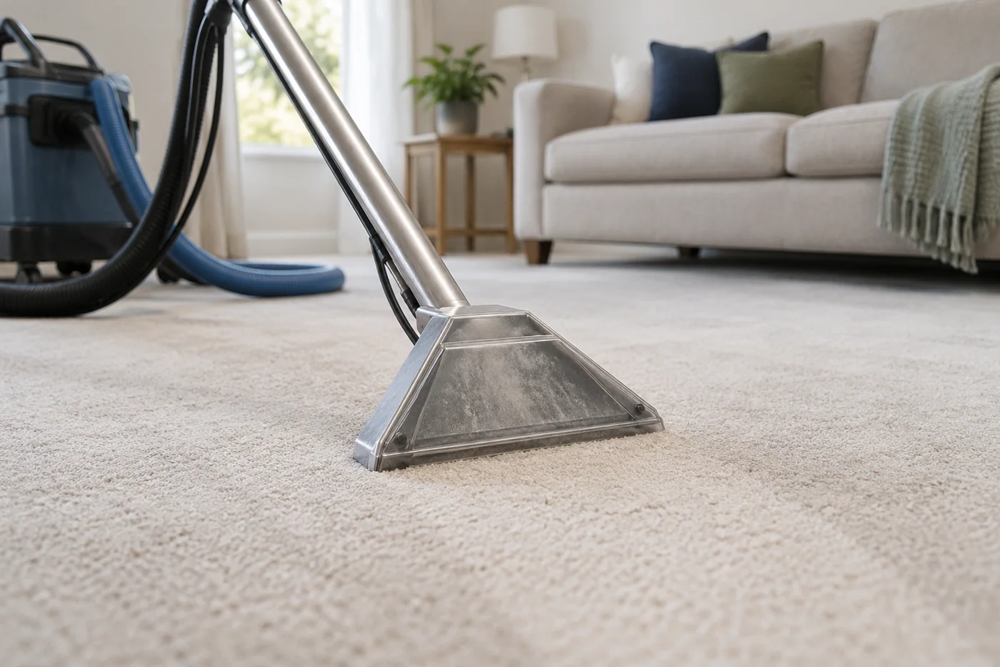 Carpet extraction wand resting flat on pale living-room carpet