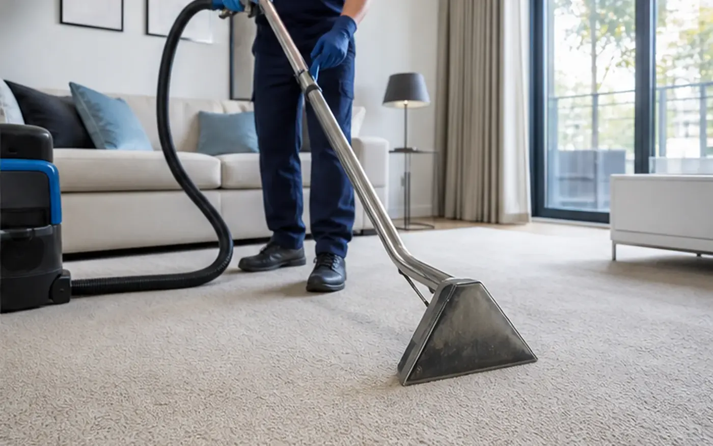 Carpet extraction nozzle being used on a living-room carpet