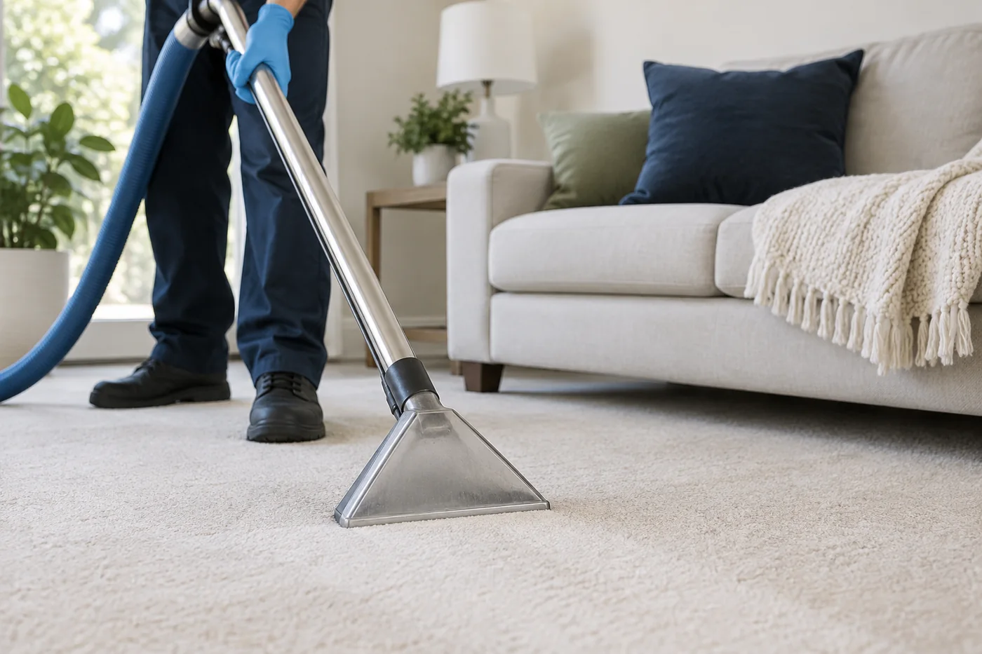 Blue-gloved hand holding an extraction wand against pale carpet beside a sofa