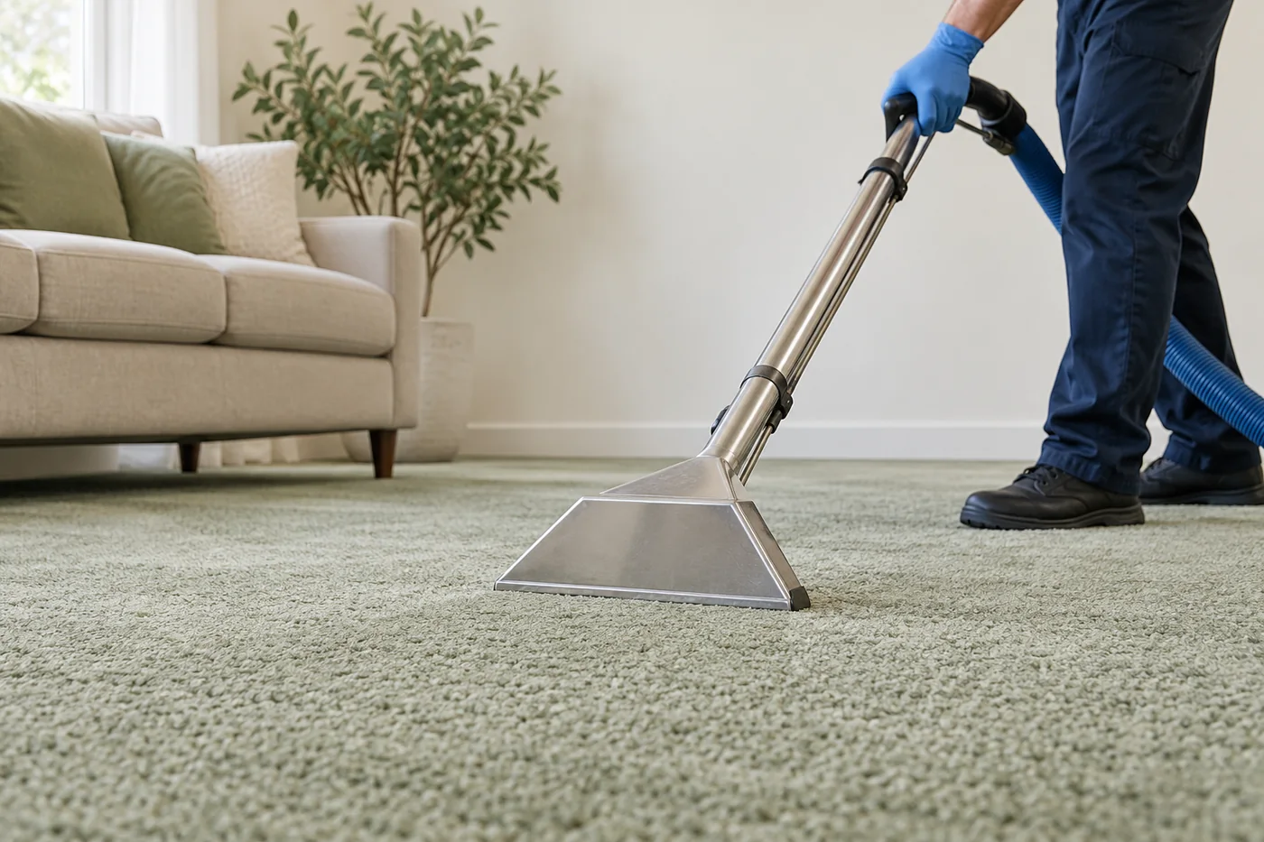 Blue-gloved hand guiding a metal extraction wand on sage carpet beside a sofa