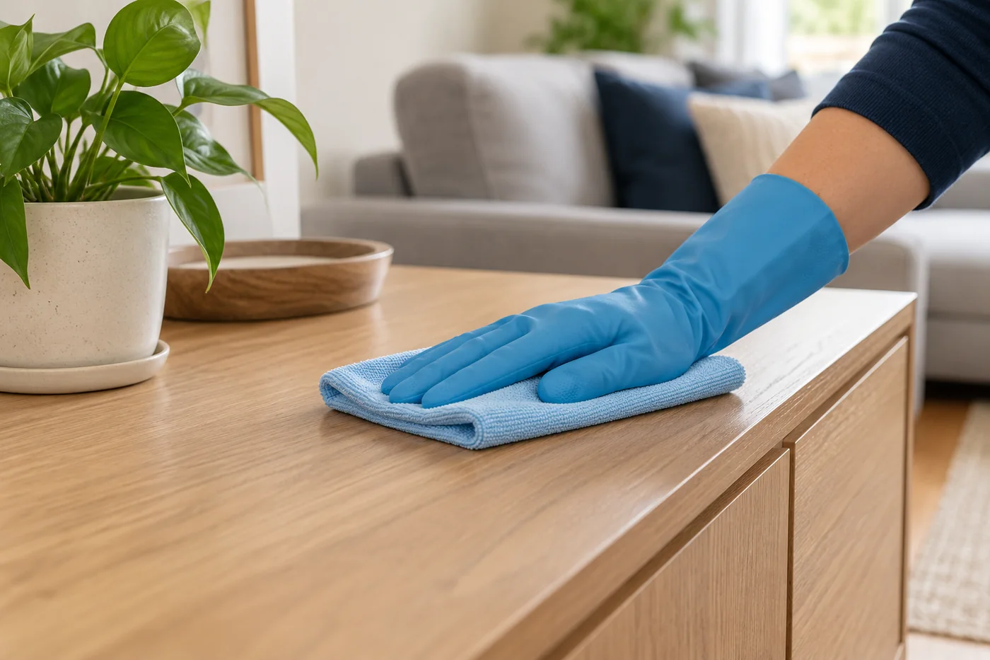Blue-gloved hand wiping the wooden top of a low cabinet beside a potted plant