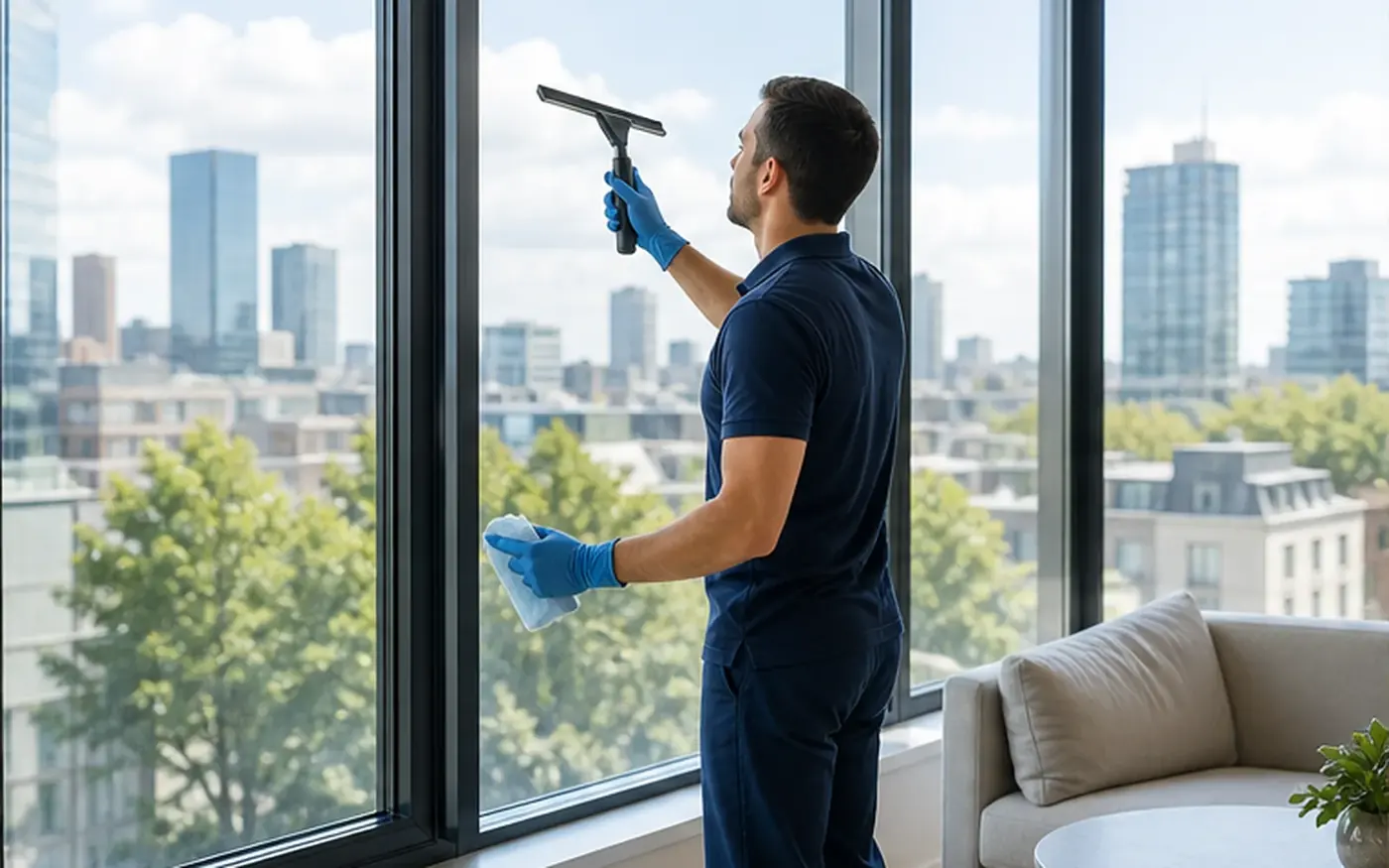 Cleaner using a squeegee on a large living-room window