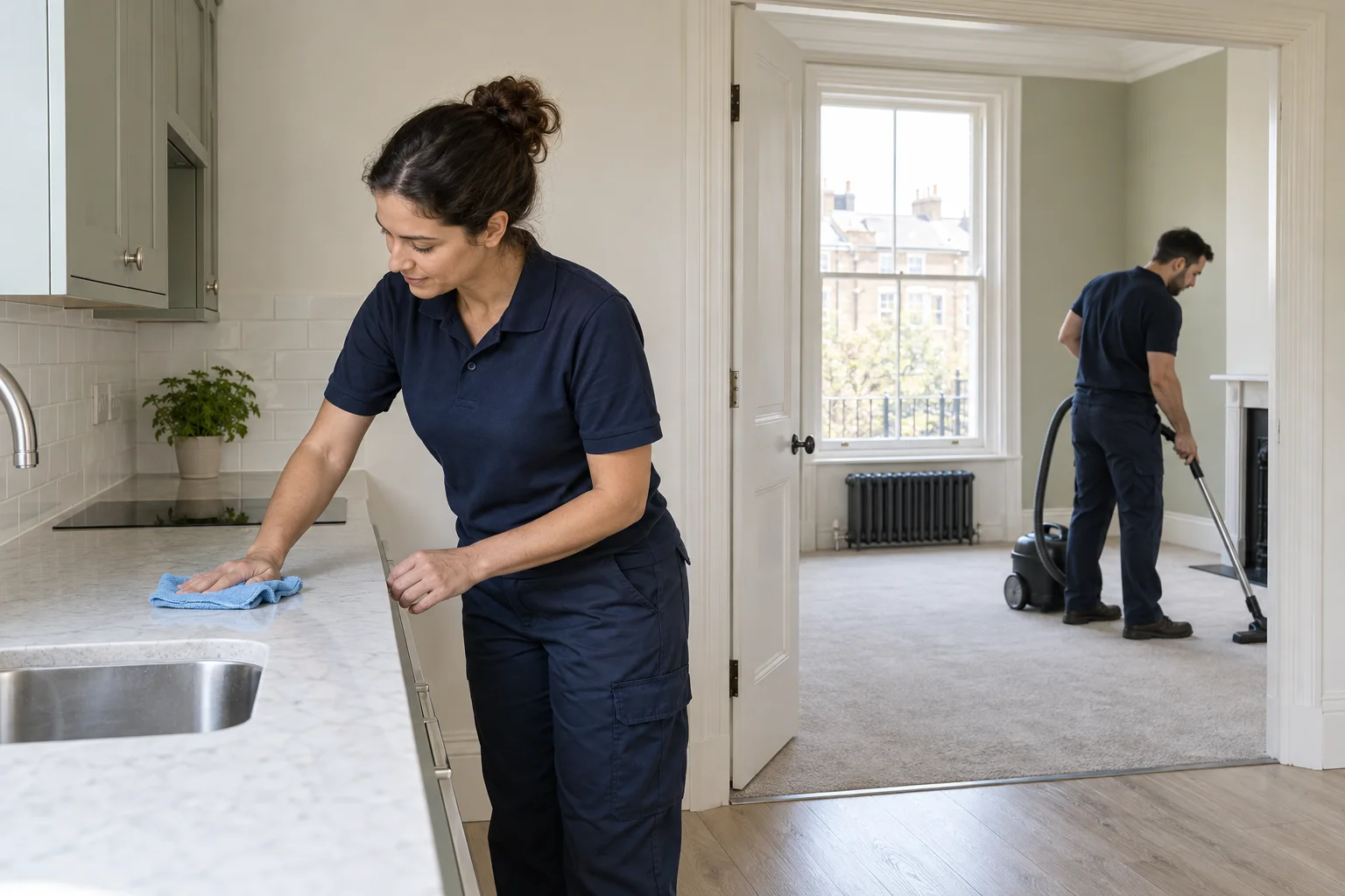 Illustration of two cleaners preparing an empty London flat for handover