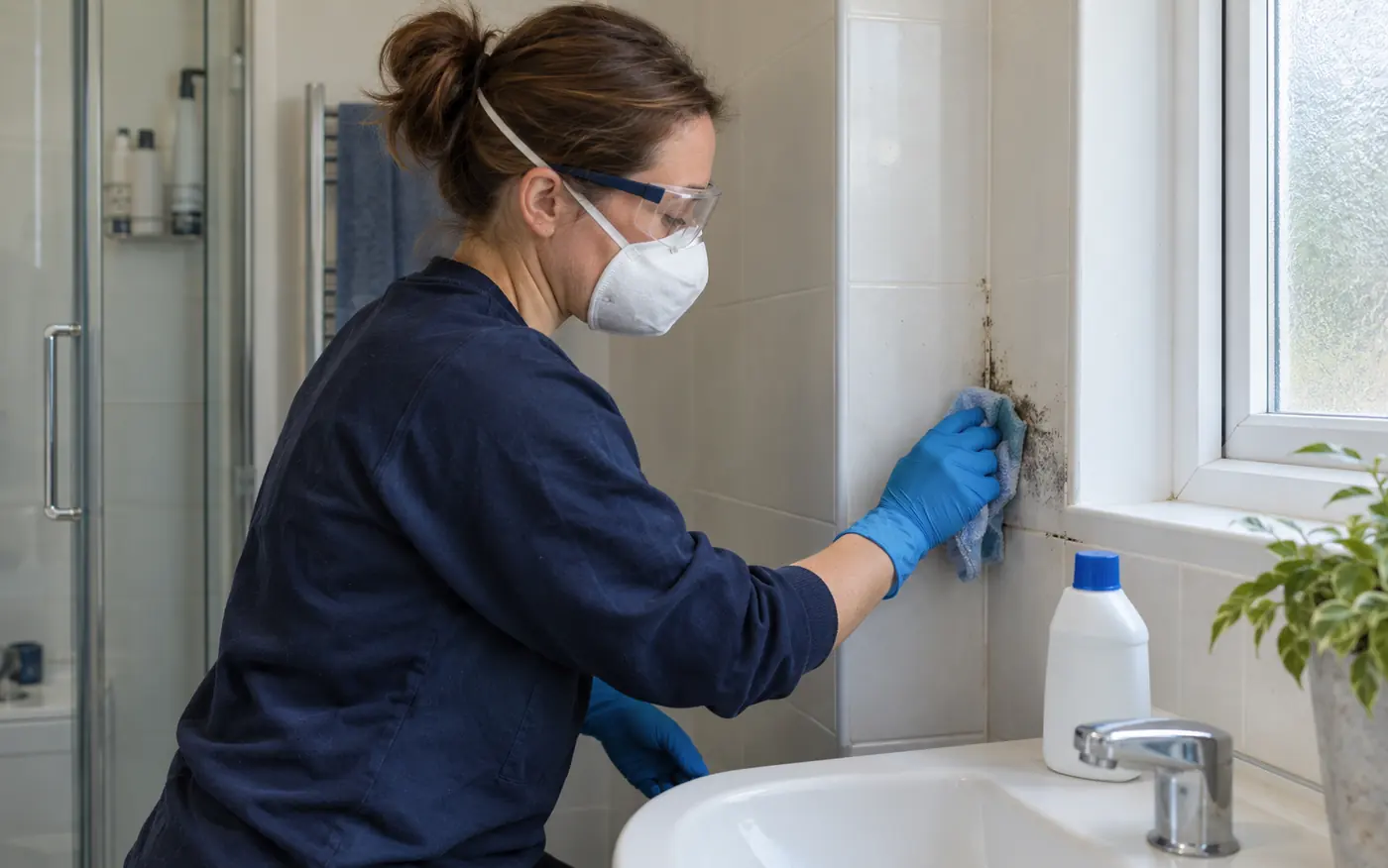 Cleaner wearing protective goggles and a mask treating mould beside a bathroom window