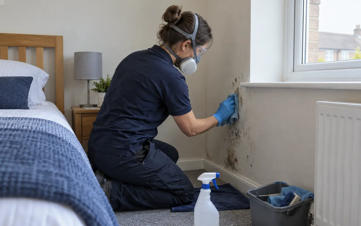 Cleaner wearing a respirator treating a mould affected wall corner