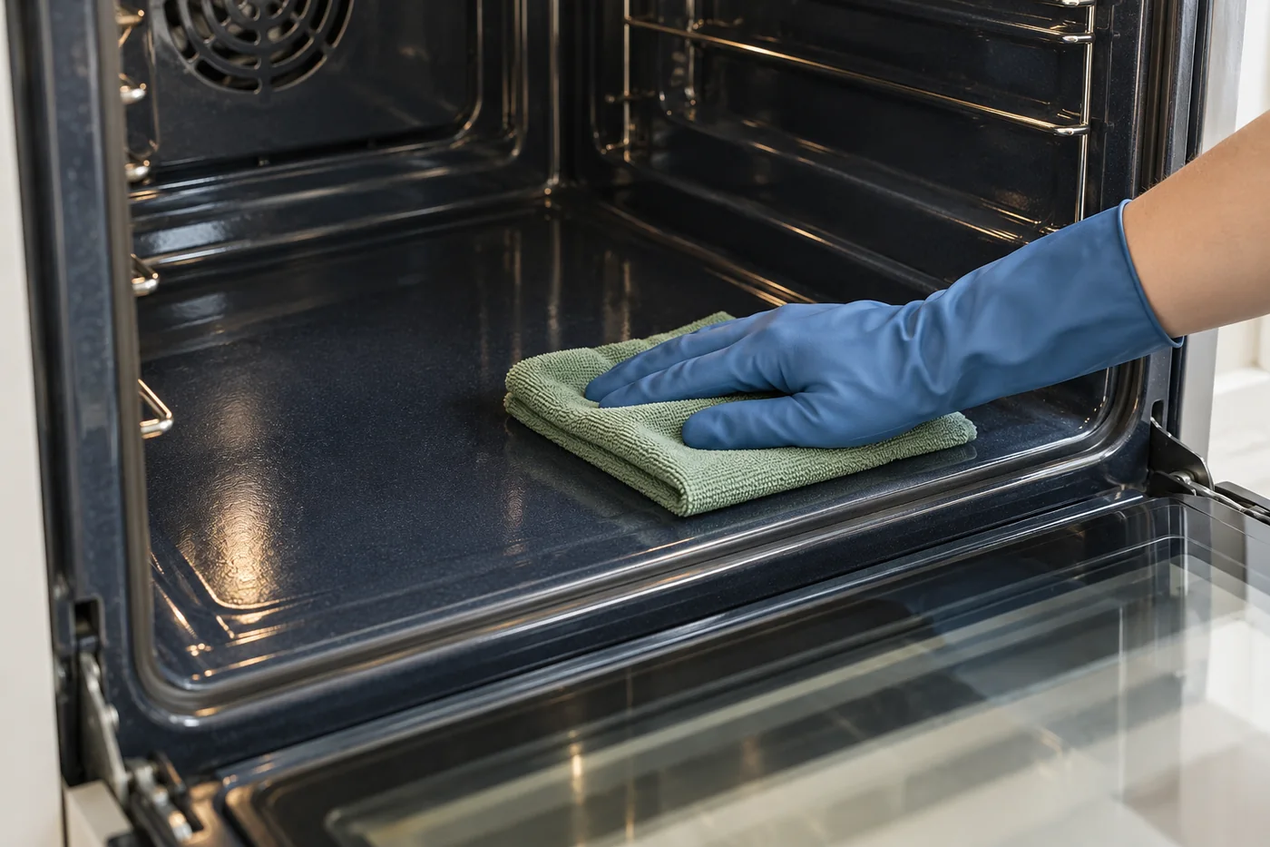 Blue-gloved hand wiping the front lower interior of an open oven with a sage cloth