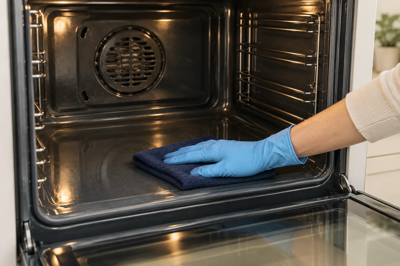 Blue-gloved hand wiping the front floor of an open oven cavity with a navy cloth