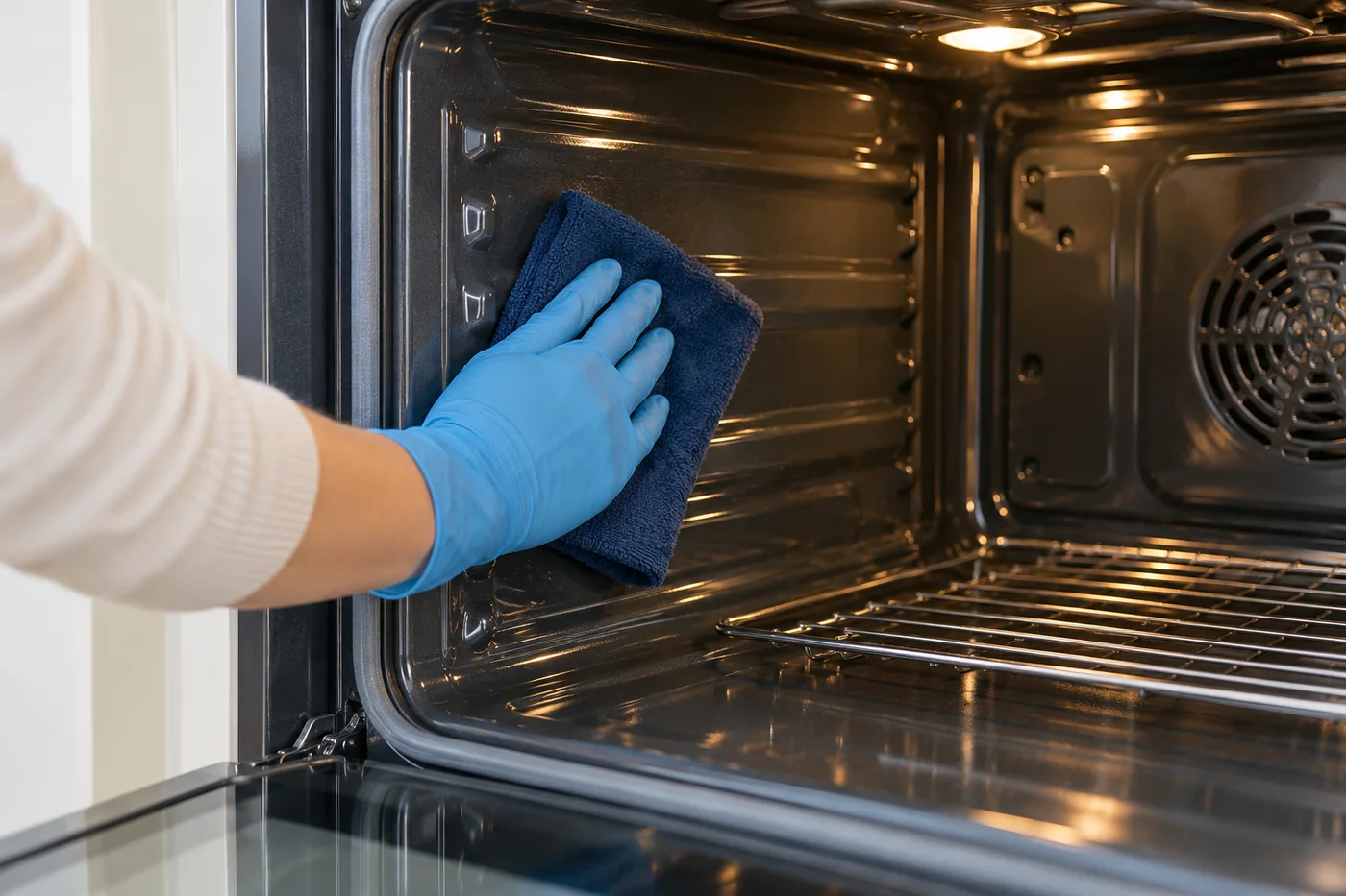 Blue-gloved hand wiping the side wall of an open oven cavity with a navy cloth