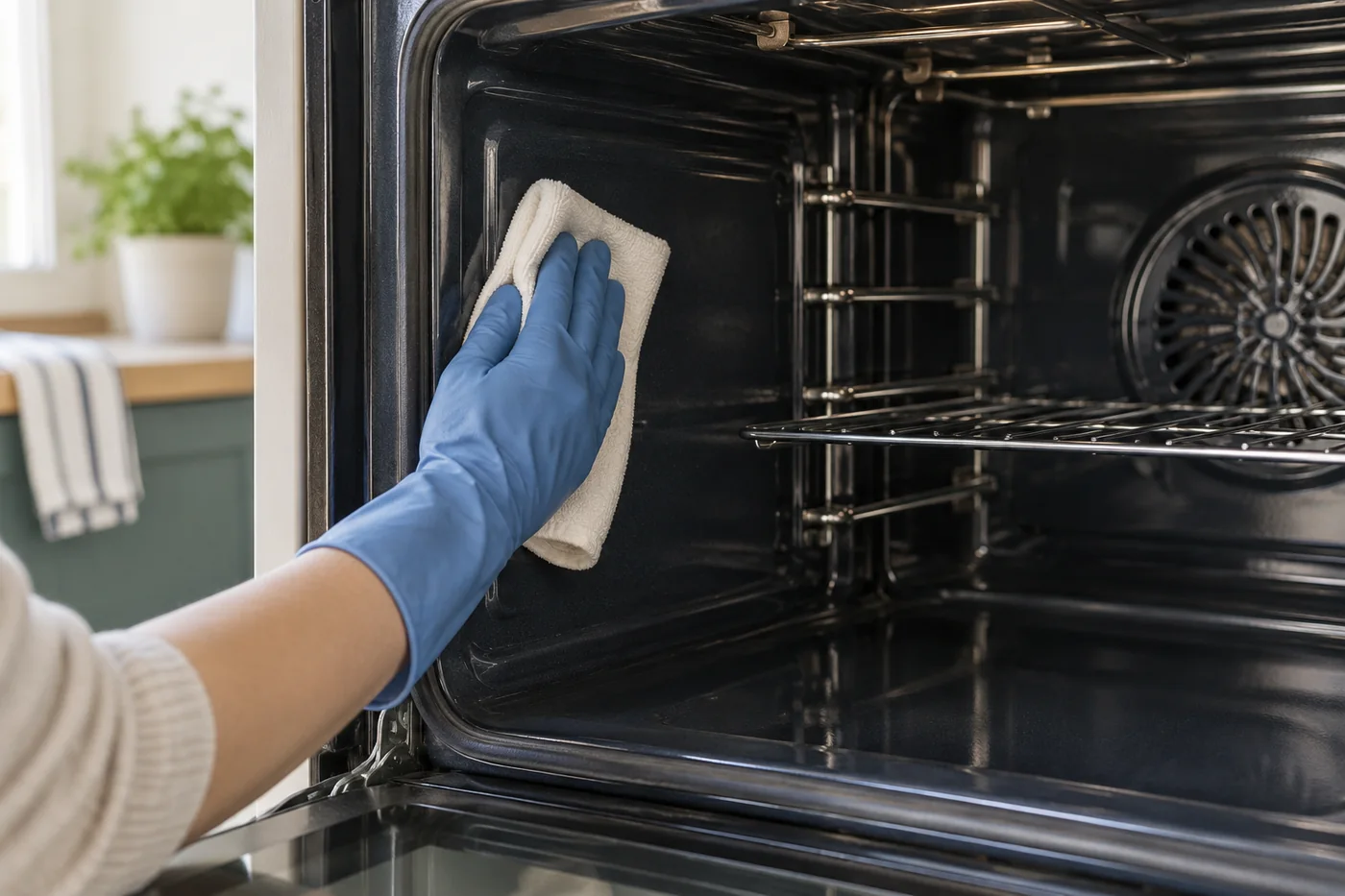 Blue-gloved hand wiping an oven cavity side wall with a pale cloth