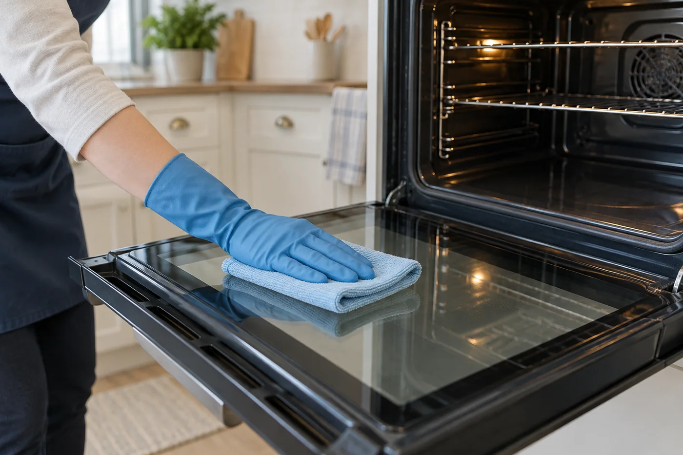 Blue-gloved hand wiping the inner glass of an open oven door with a blue cloth