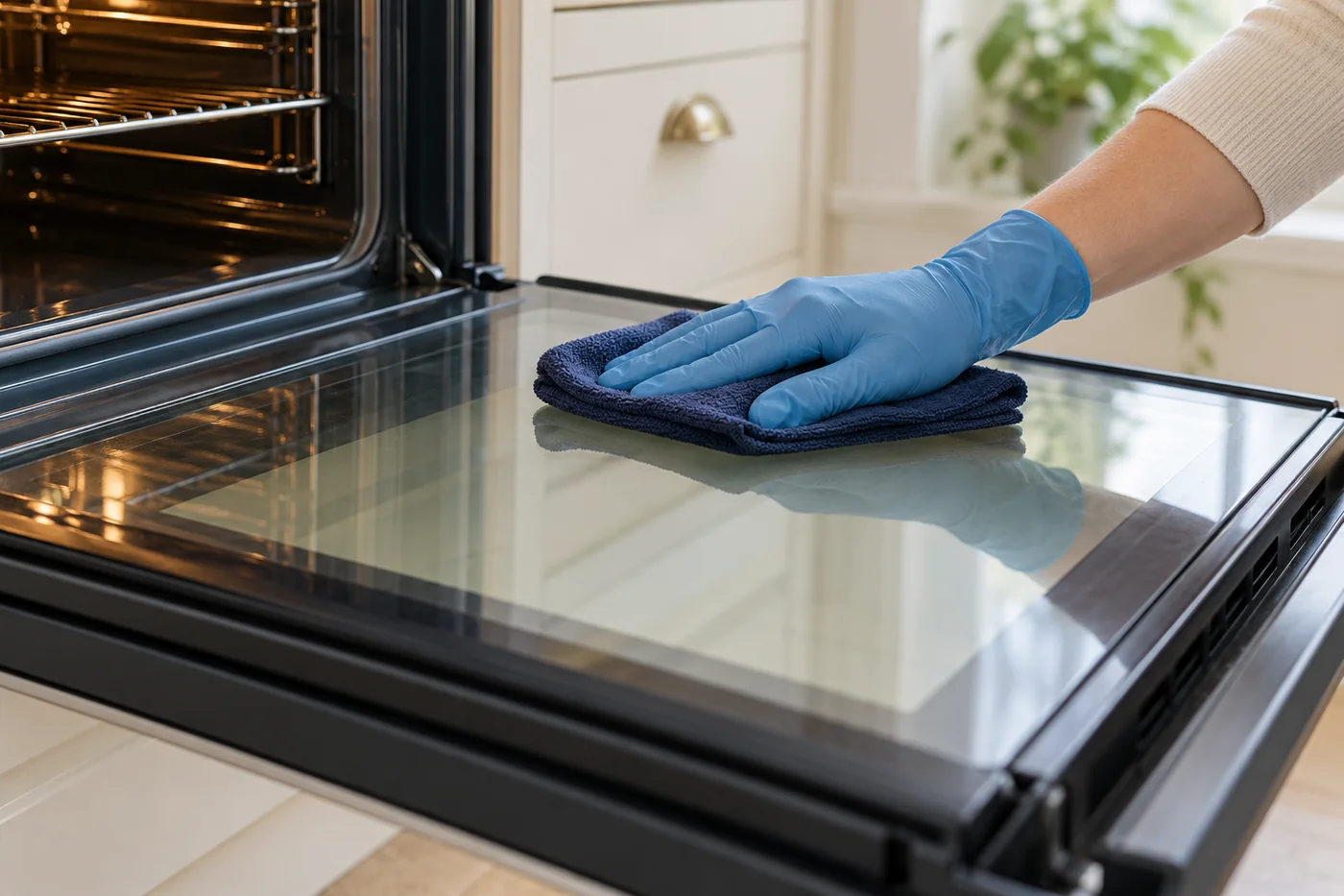 Blue-gloved hand wiping the inner glass of an open oven door with a navy cloth