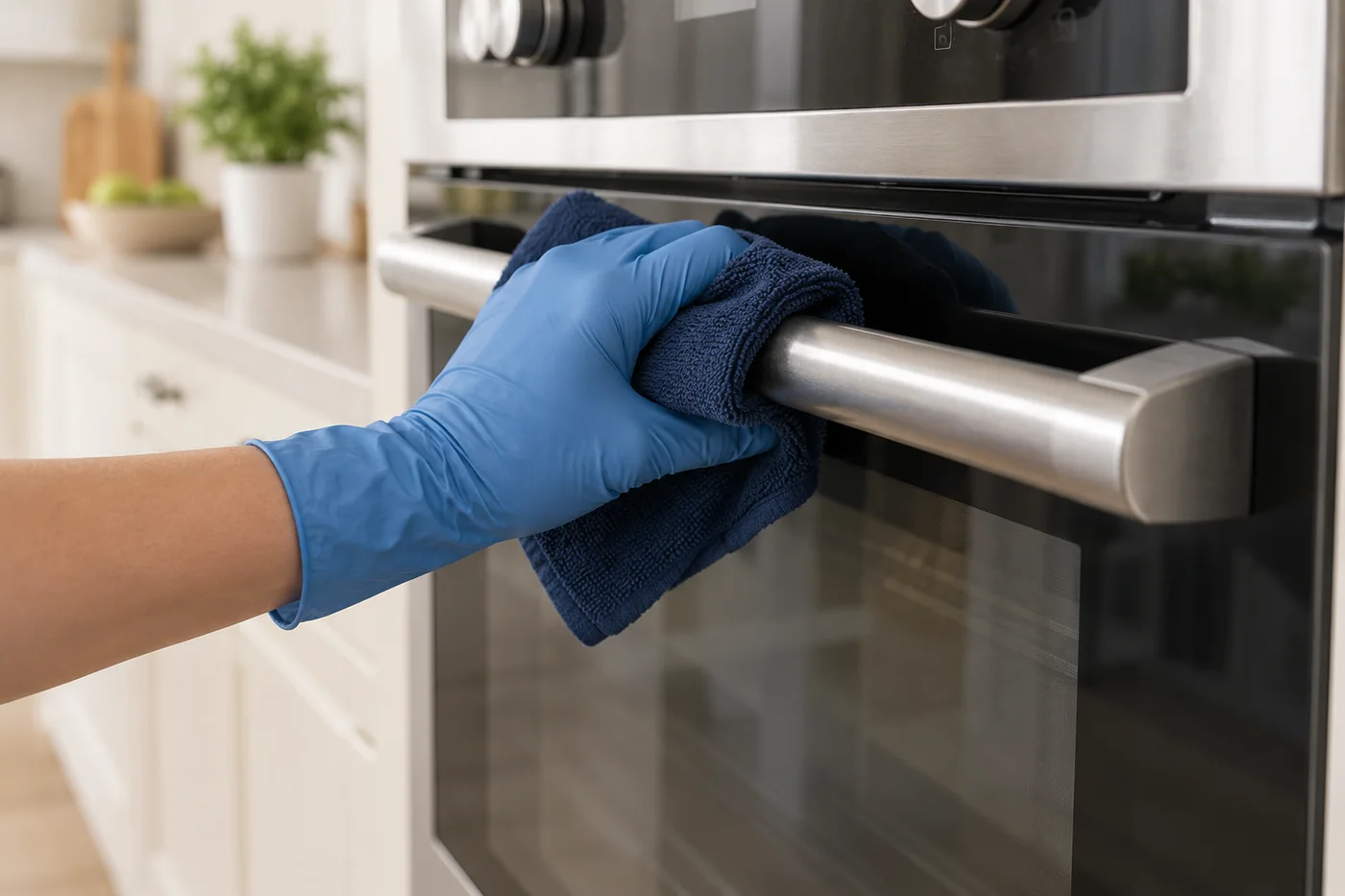 Blue-gloved hand wiping a closed oven door handle with a folded navy cloth