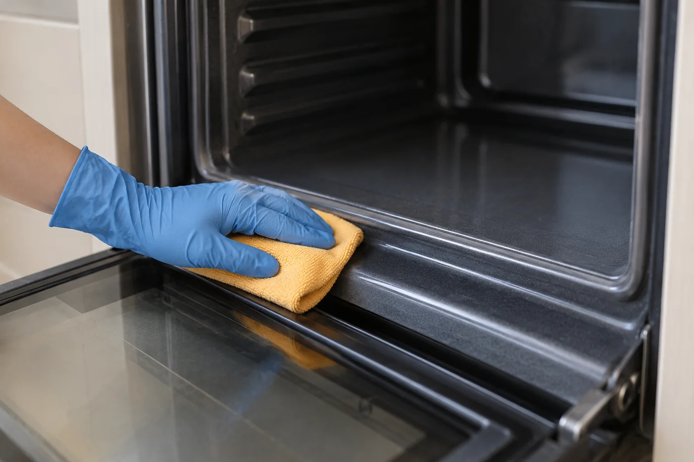 Blue-gloved hand wiping the lower front threshold of an open empty oven with an ochre cloth