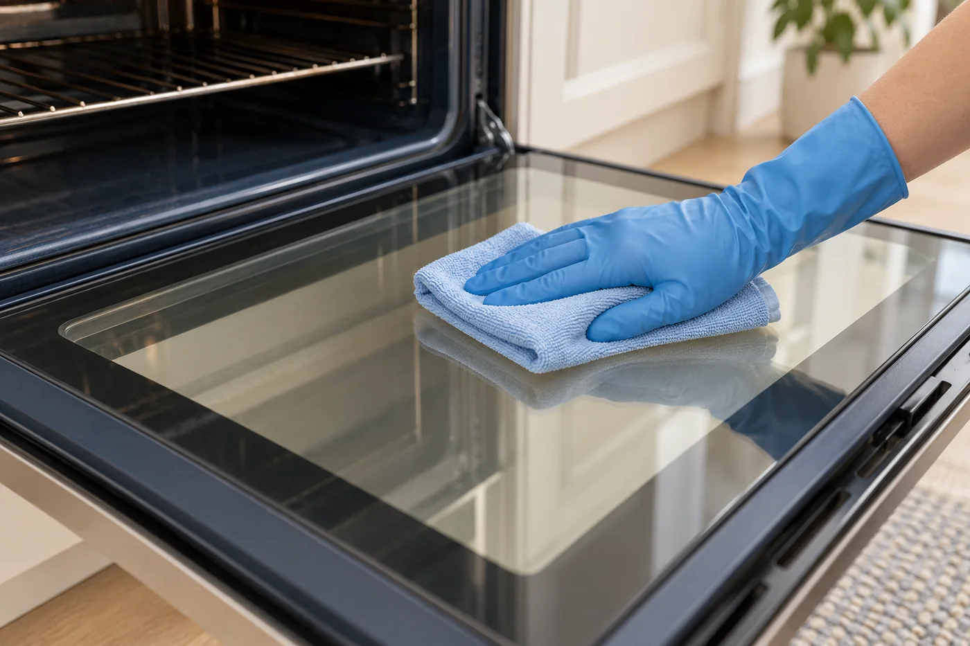 Blue-gloved hand wiping the inside glass of an open oven door with a pale blue cloth