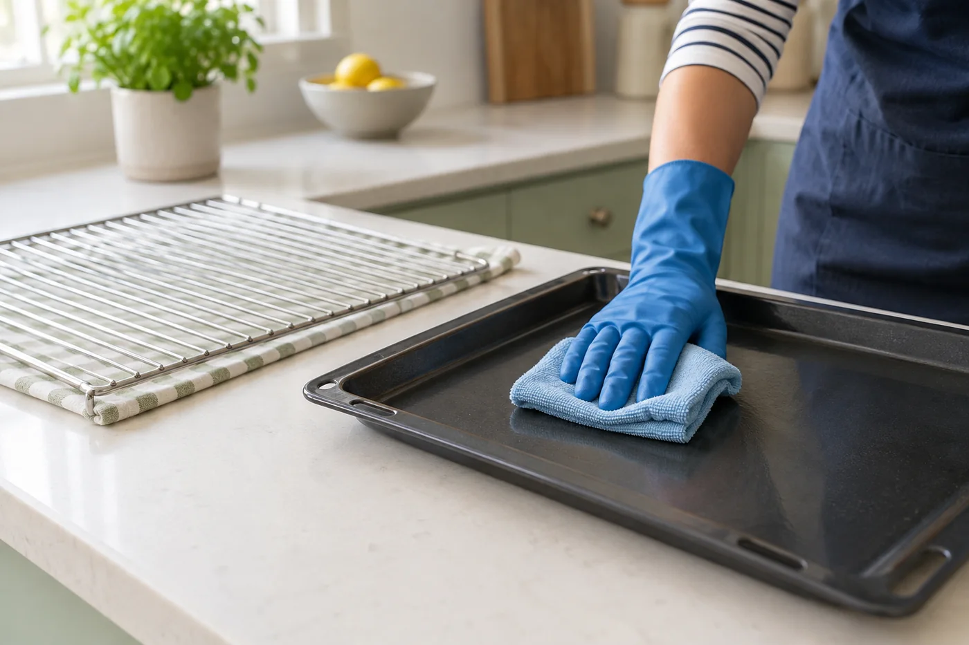 Blue-gloved hand wiping a dark oven tray beside a separate metal rack