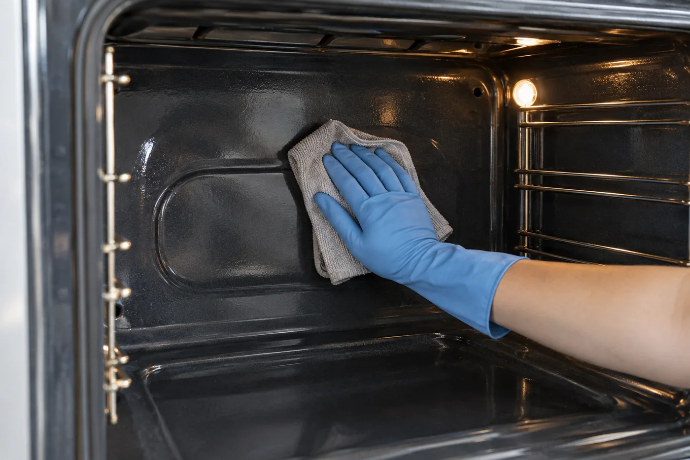 Blue-gloved hand pressing a grey cloth against the rear enamel wall inside an empty oven