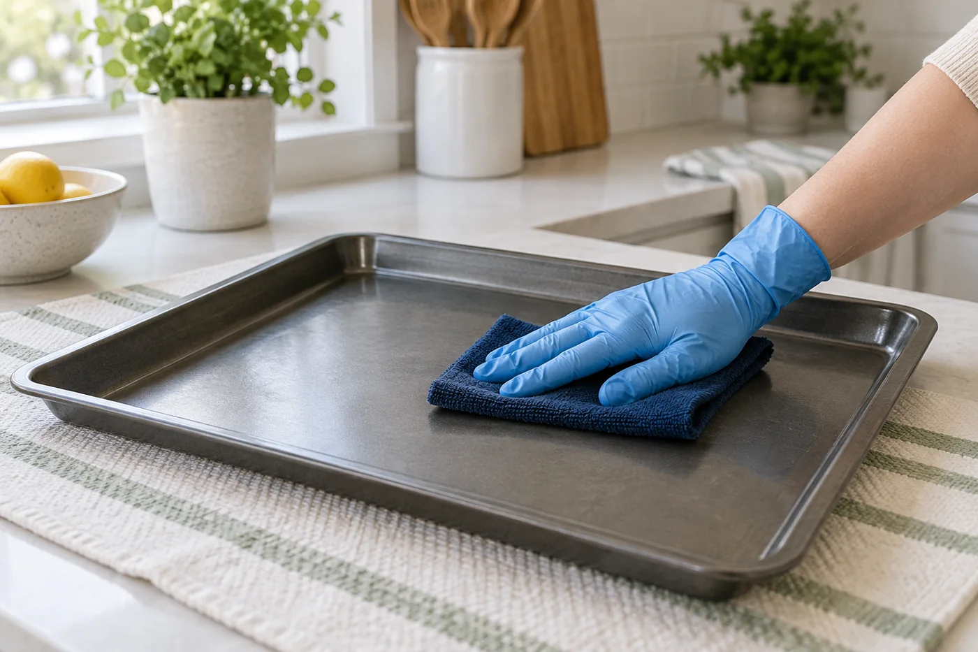 Blue-gloved hand wiping a shallow metal oven tray with a navy cloth