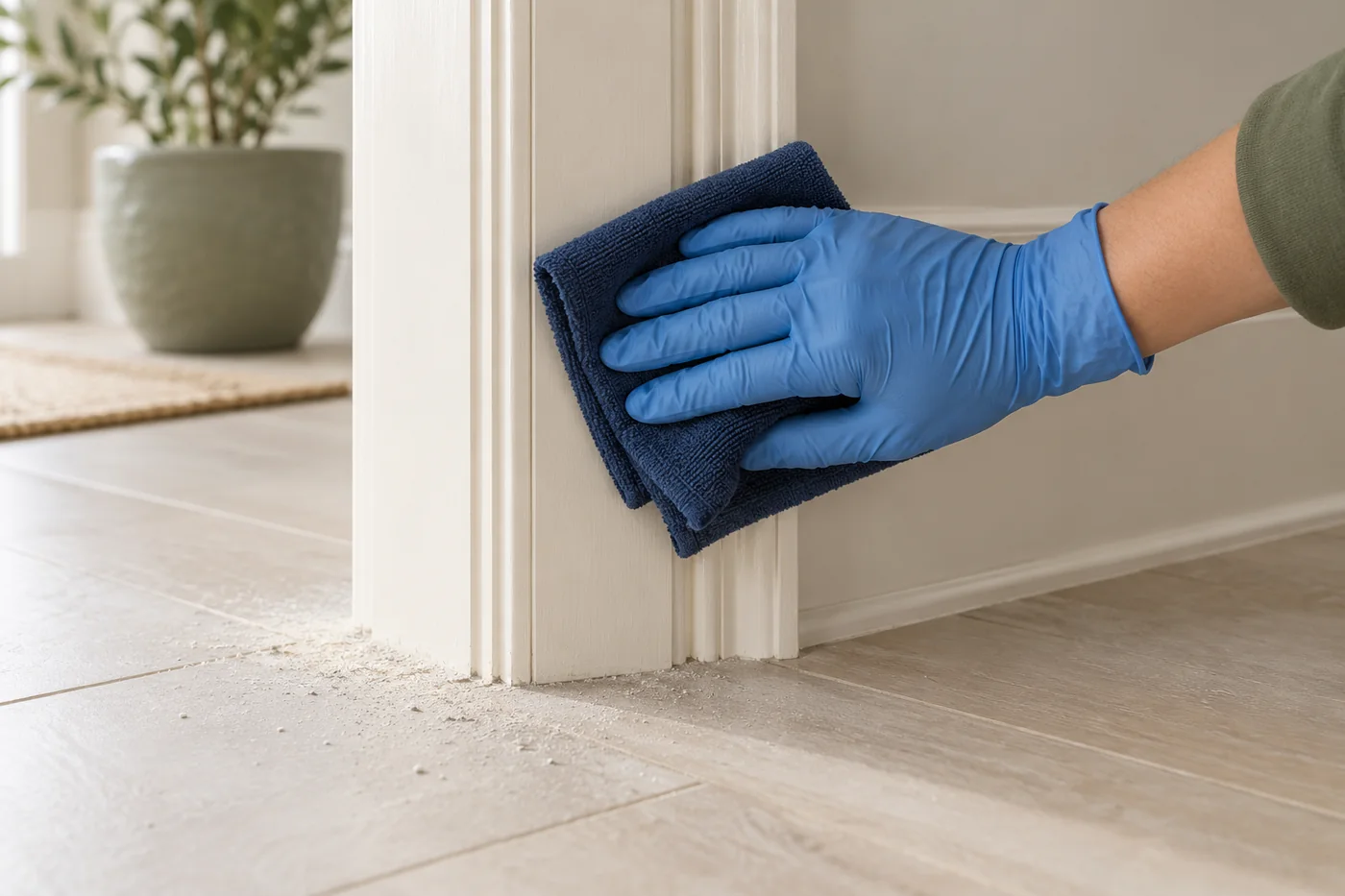 Blue-gloved hand wiping painted door architrave beside fine dust on the floor