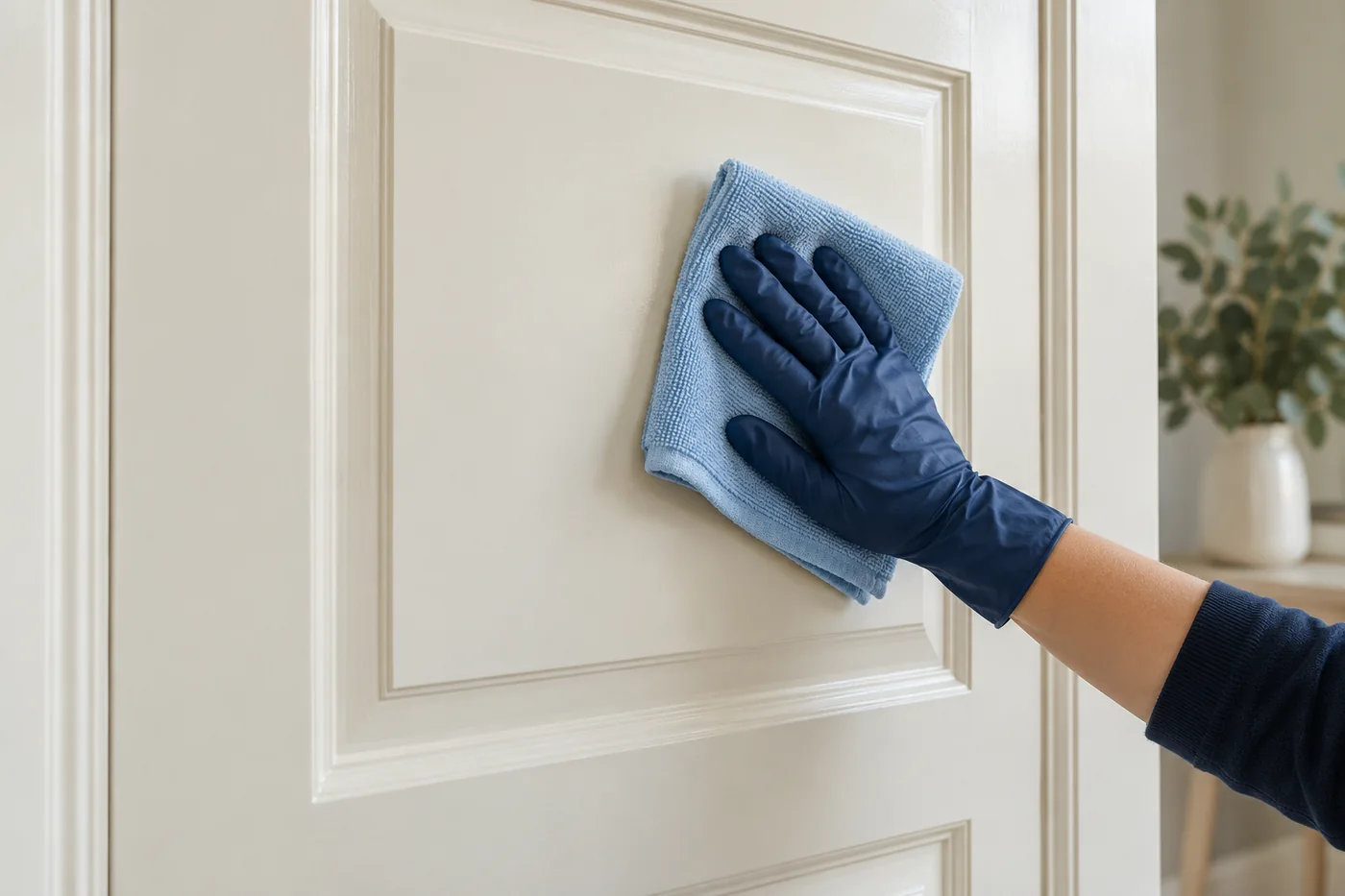 Navy-gloved hand wiping a cream painted door panel with a pale blue cloth