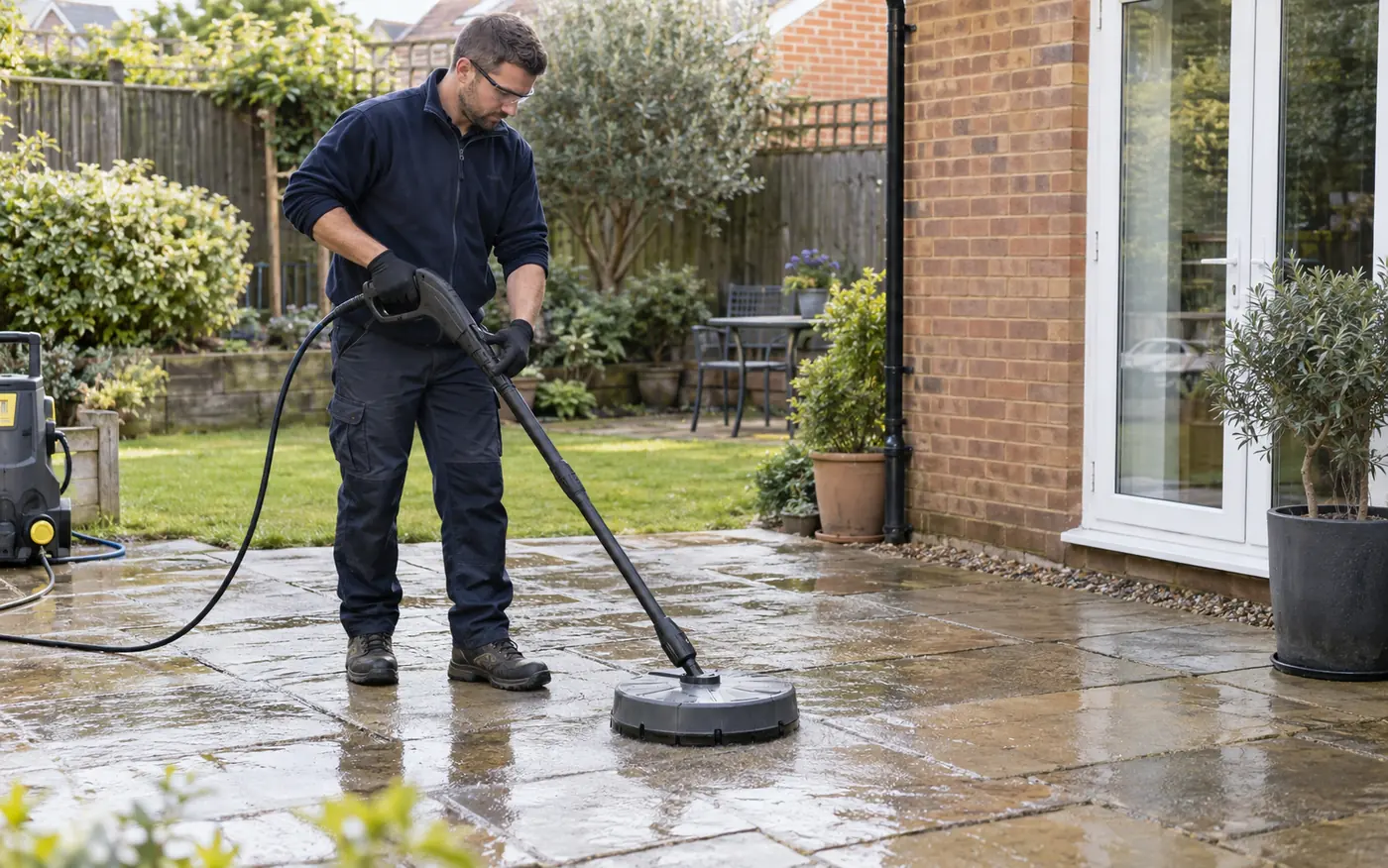 Worker using a pressure washer surface cleaner on a stone patio