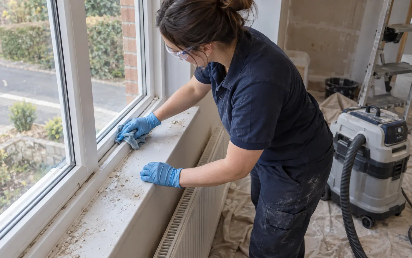 Cleaner wiping dust from a window frame after renovation