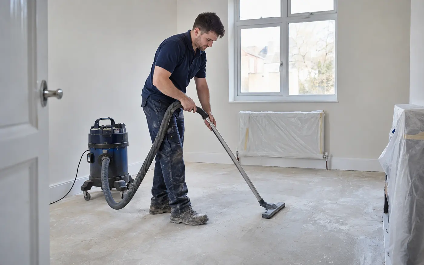 Worker extracting construction dust from the floor of a renovated room