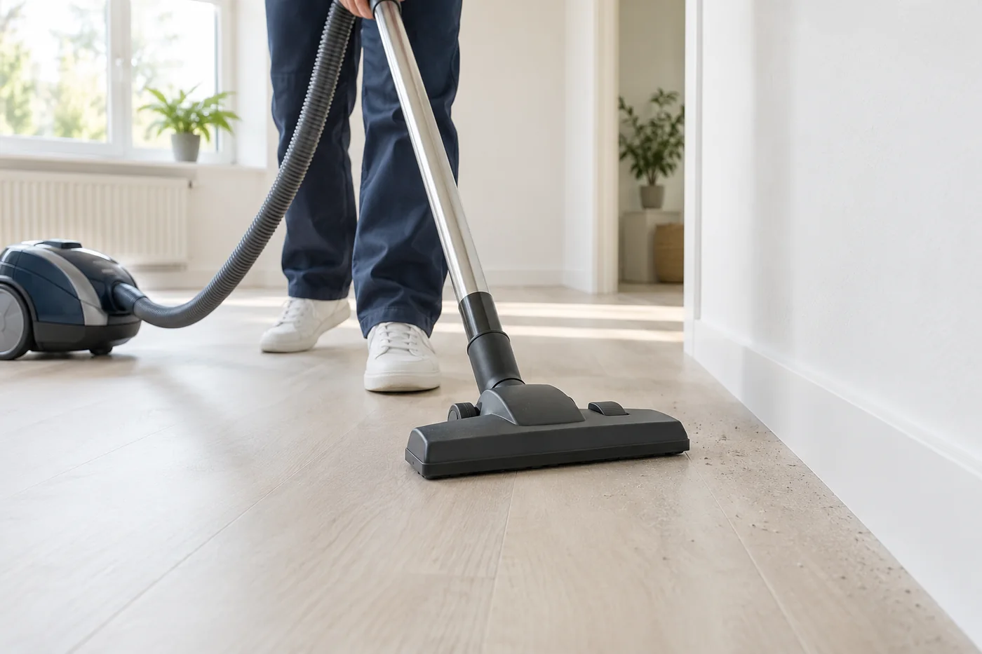 Vacuum floor head contacting a pale hard floor beside a white wall