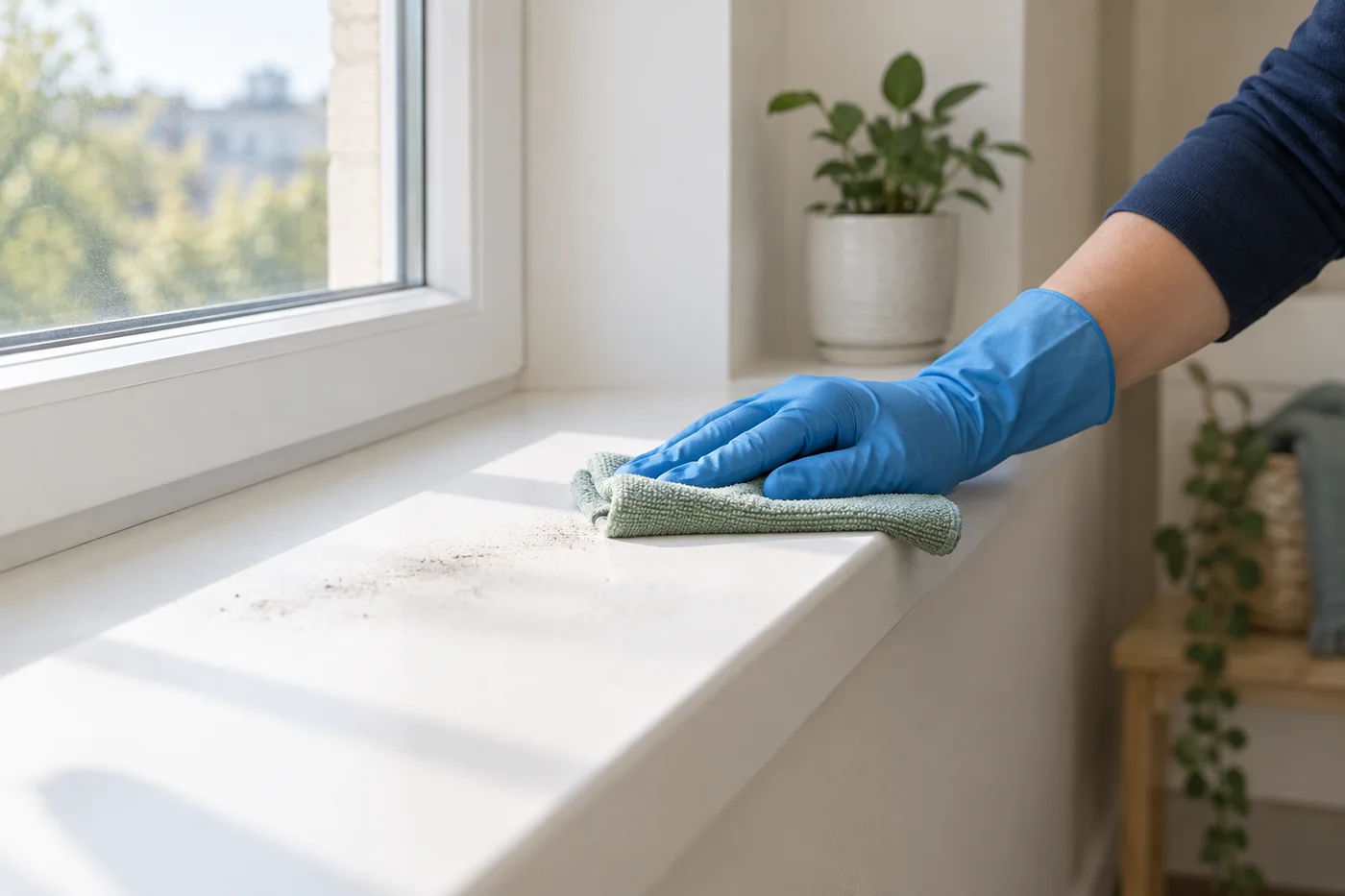 Blue-gloved hand wiping a lightly dusty white window ledge with a green cloth