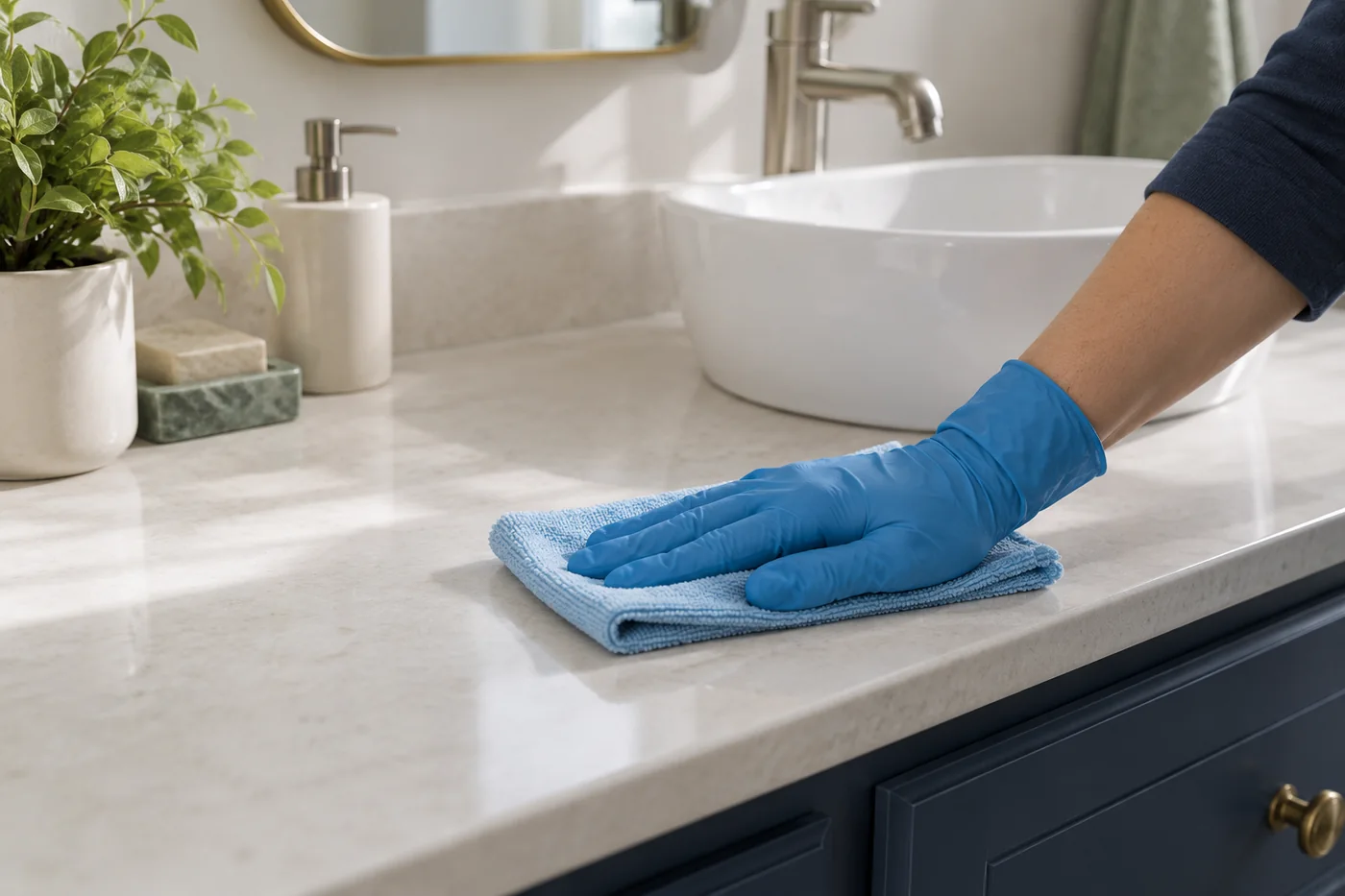 Blue-gloved hand wiping a pale bathroom counter beside a white basin